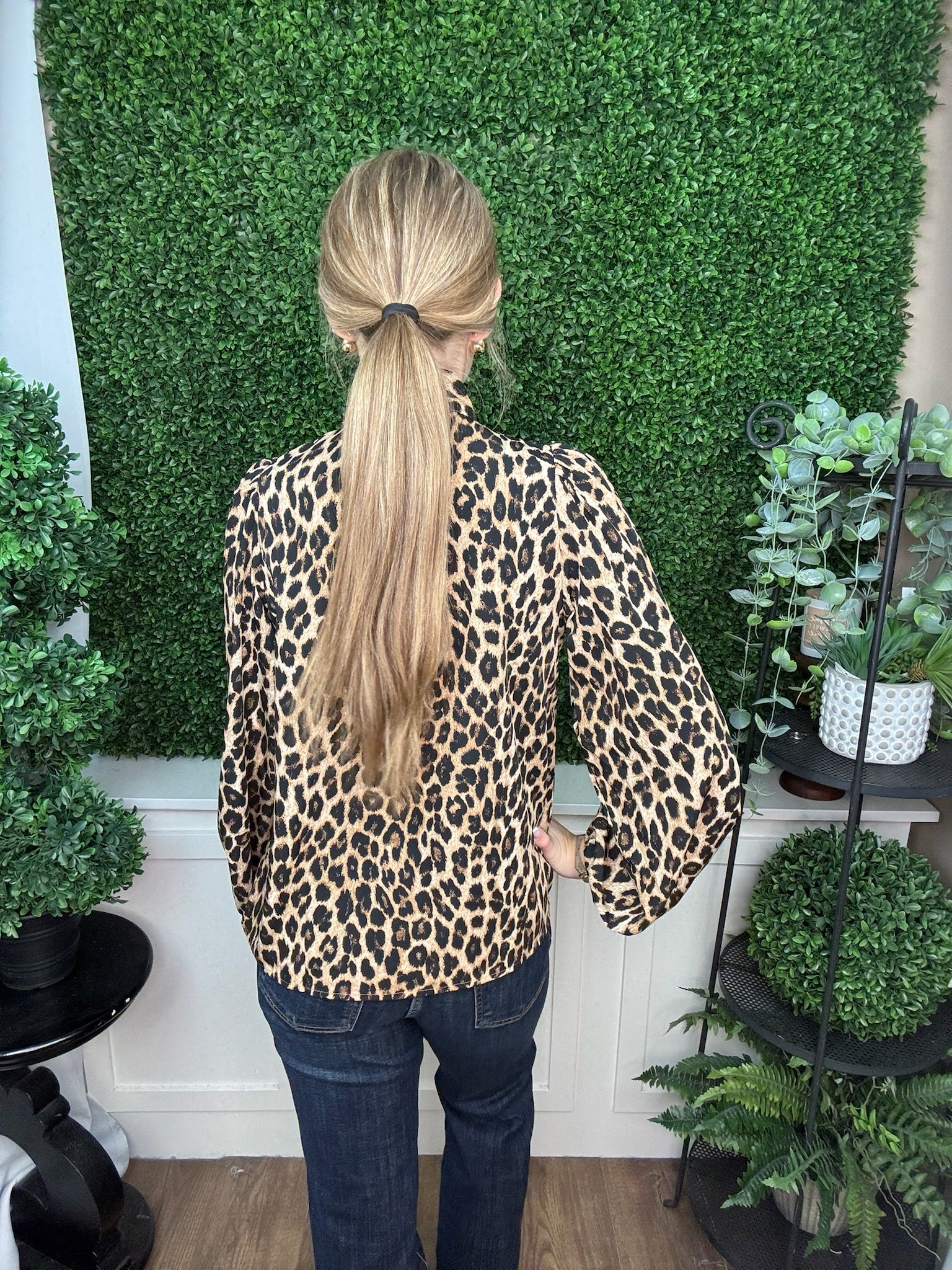 LONG SLEEVE WOVEN ANIMAL PRINT NECK BOW TOP - TAUPE