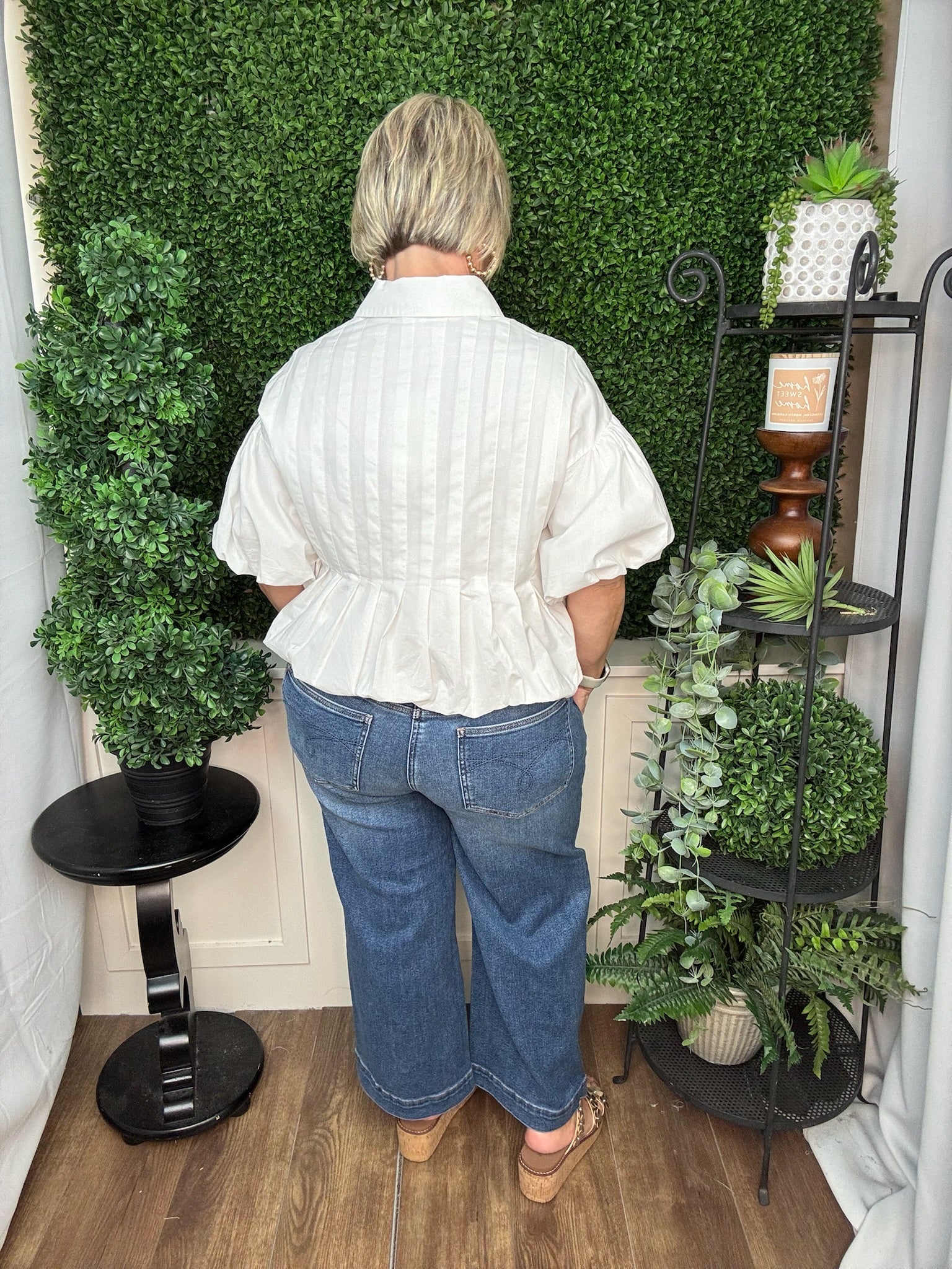 Pleated Panel Puff Sleeve Blouse in White