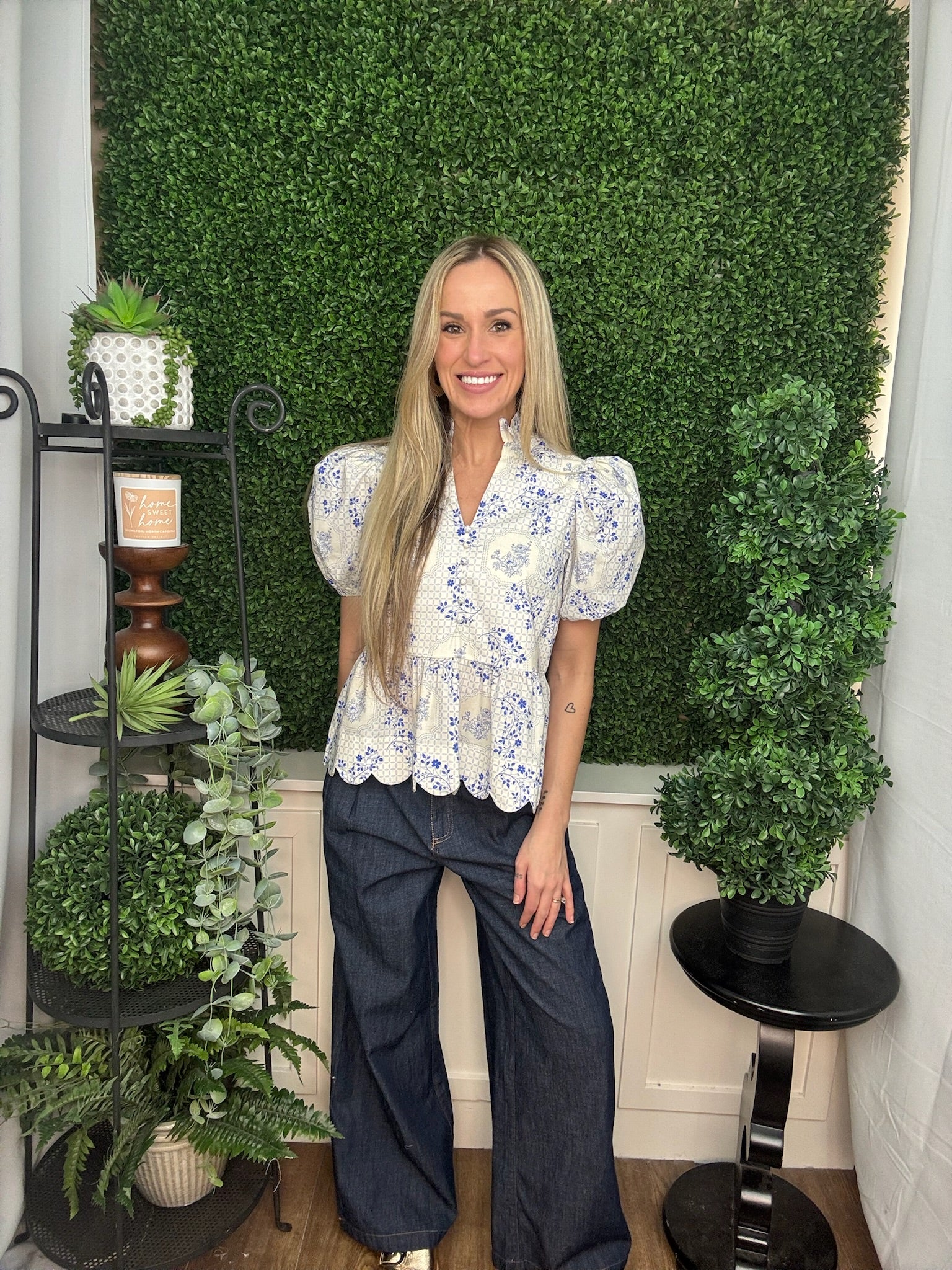 Blue & Ivory Garden Toile Peplum Blouse