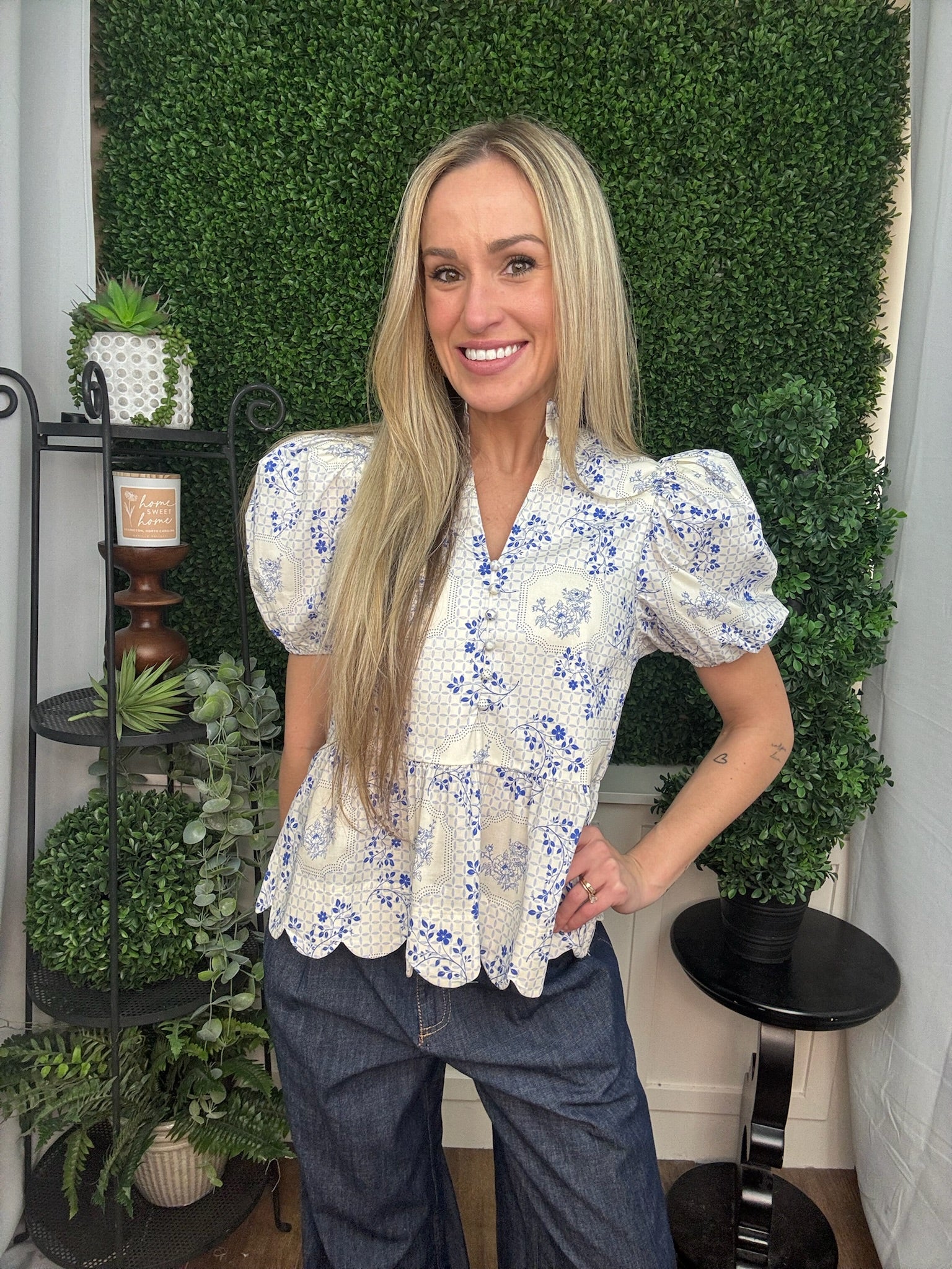 Blue & Ivory Garden Toile Peplum Blouse