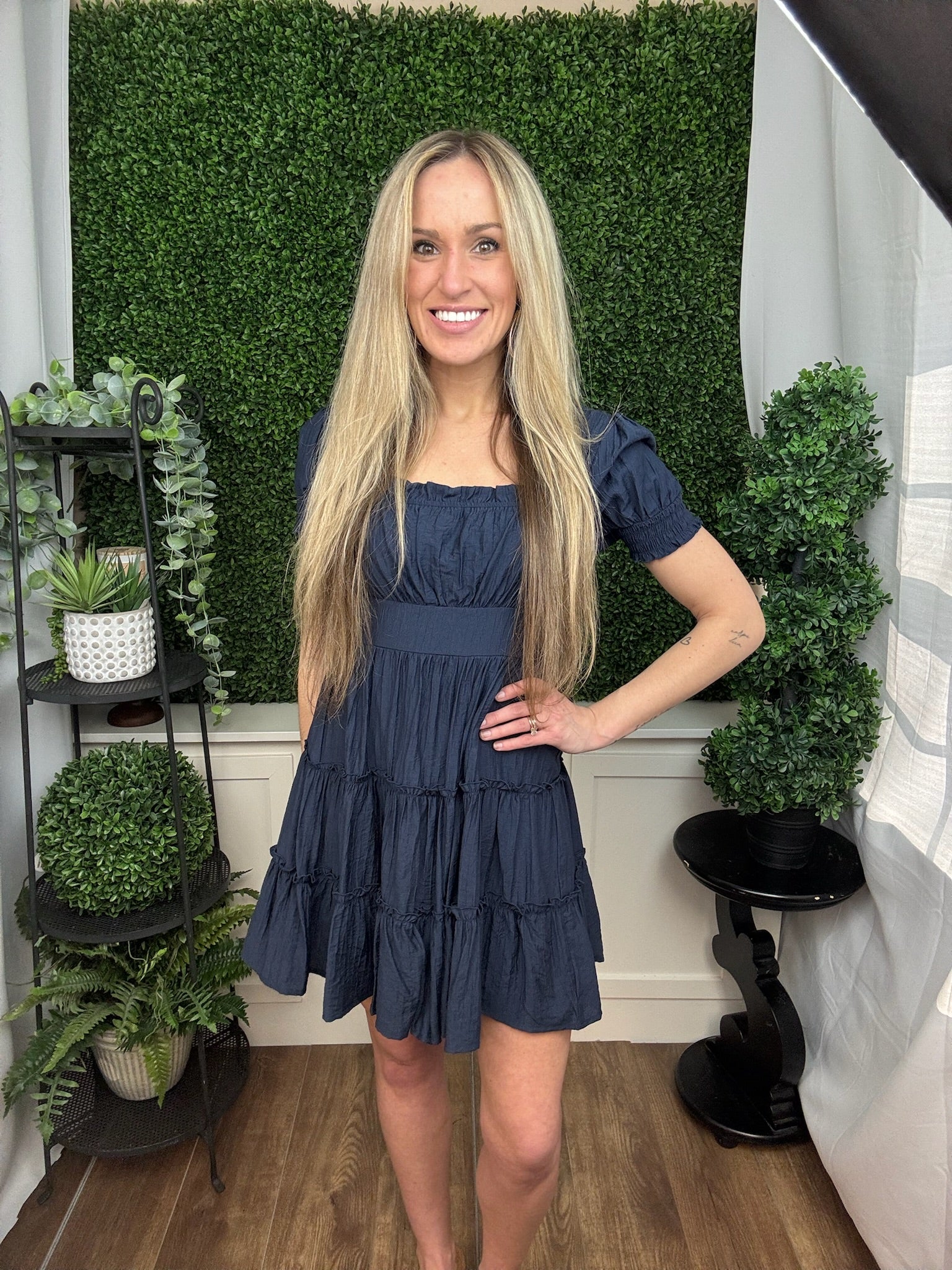 Puff Sleeve Square Neck Midi Dress