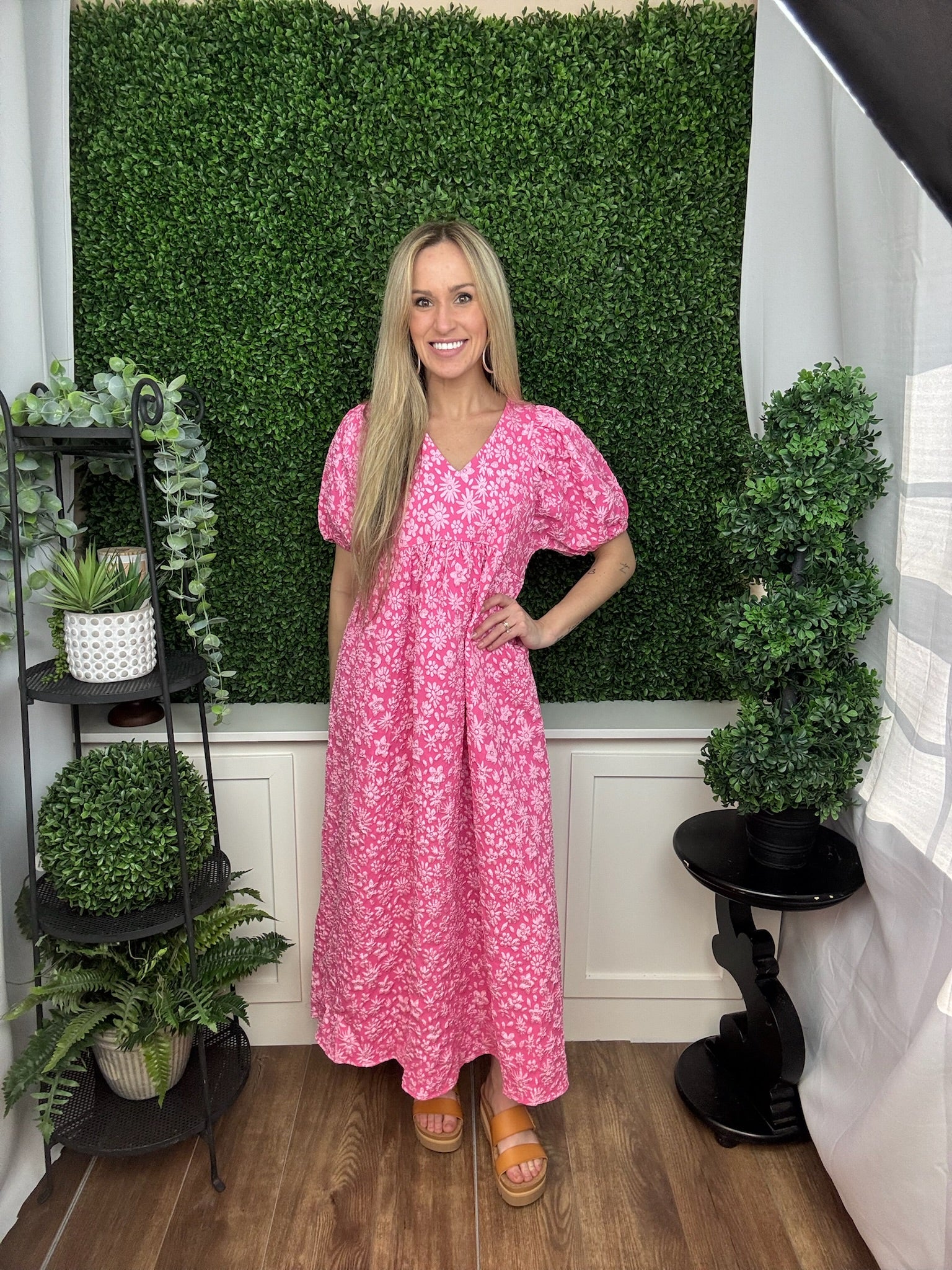 Rosette Bloom Puff Sleeve Midi Dress