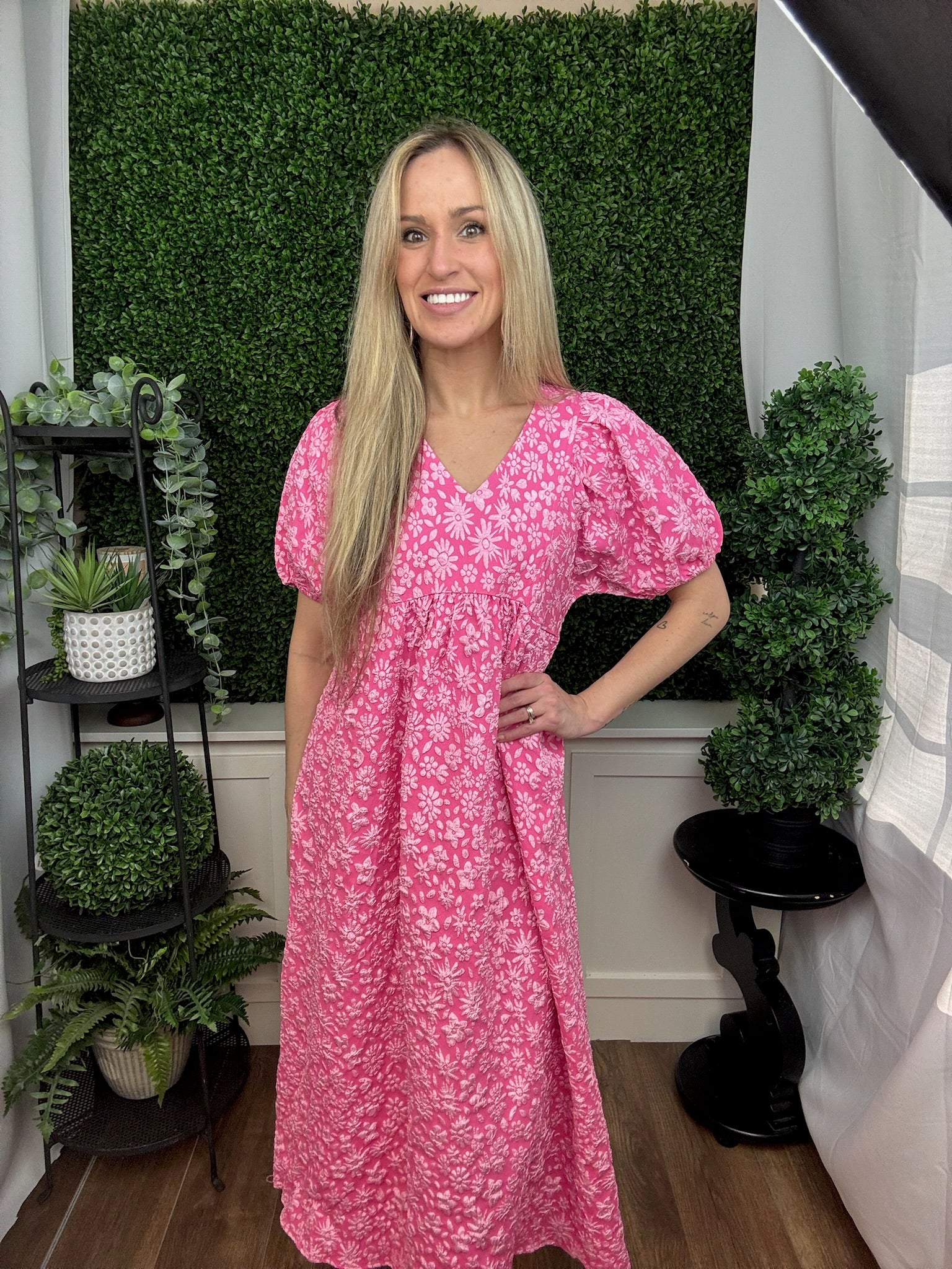 Rosette Bloom Puff Sleeve Midi Dress