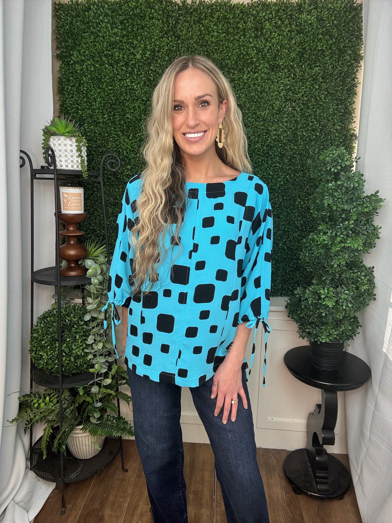 WOVEN POPOVER ROUND NECK 3/4 SLEEVES TOP - AQUA