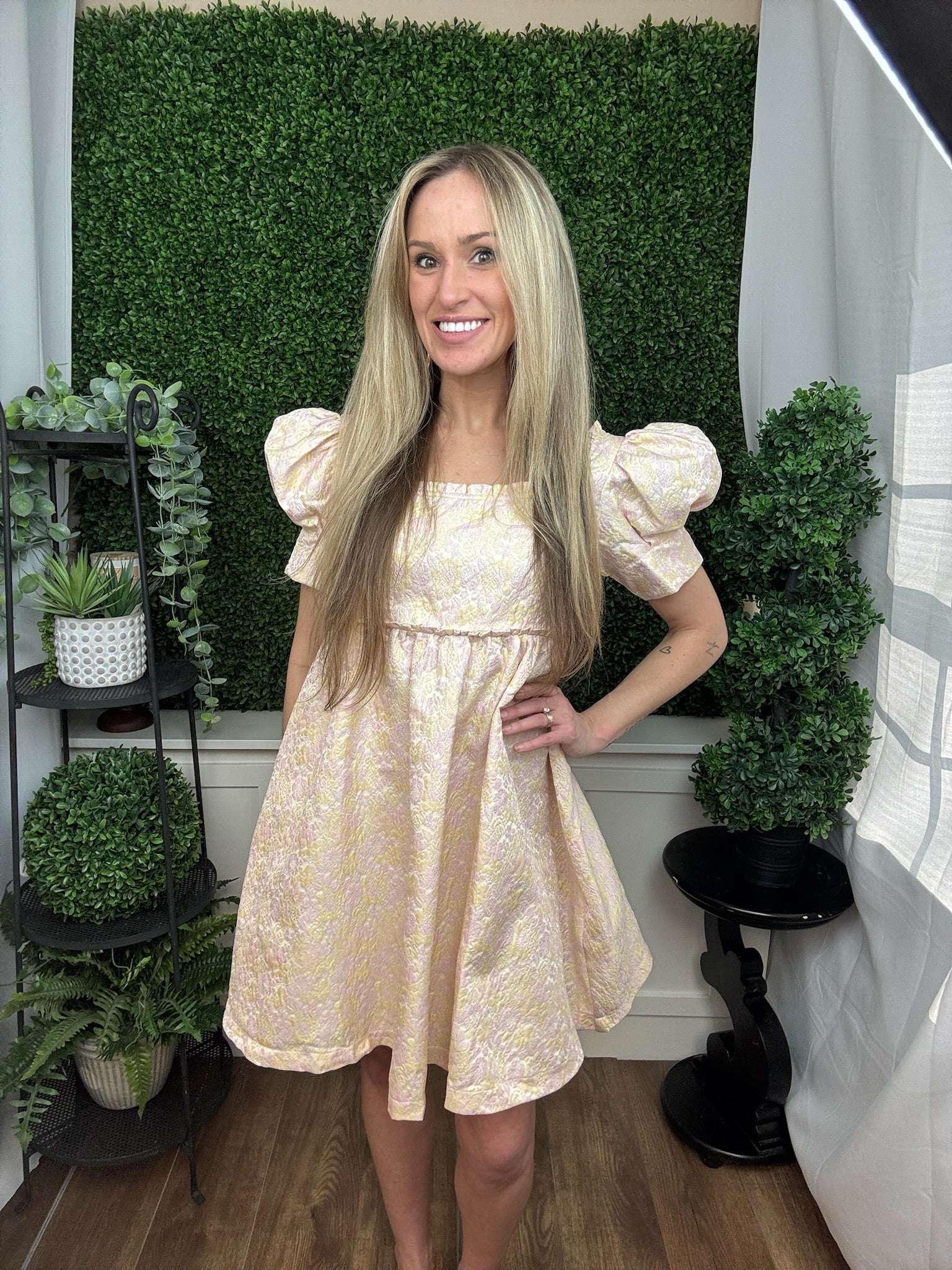 Pastel Brocade Puff Sleeve Dress