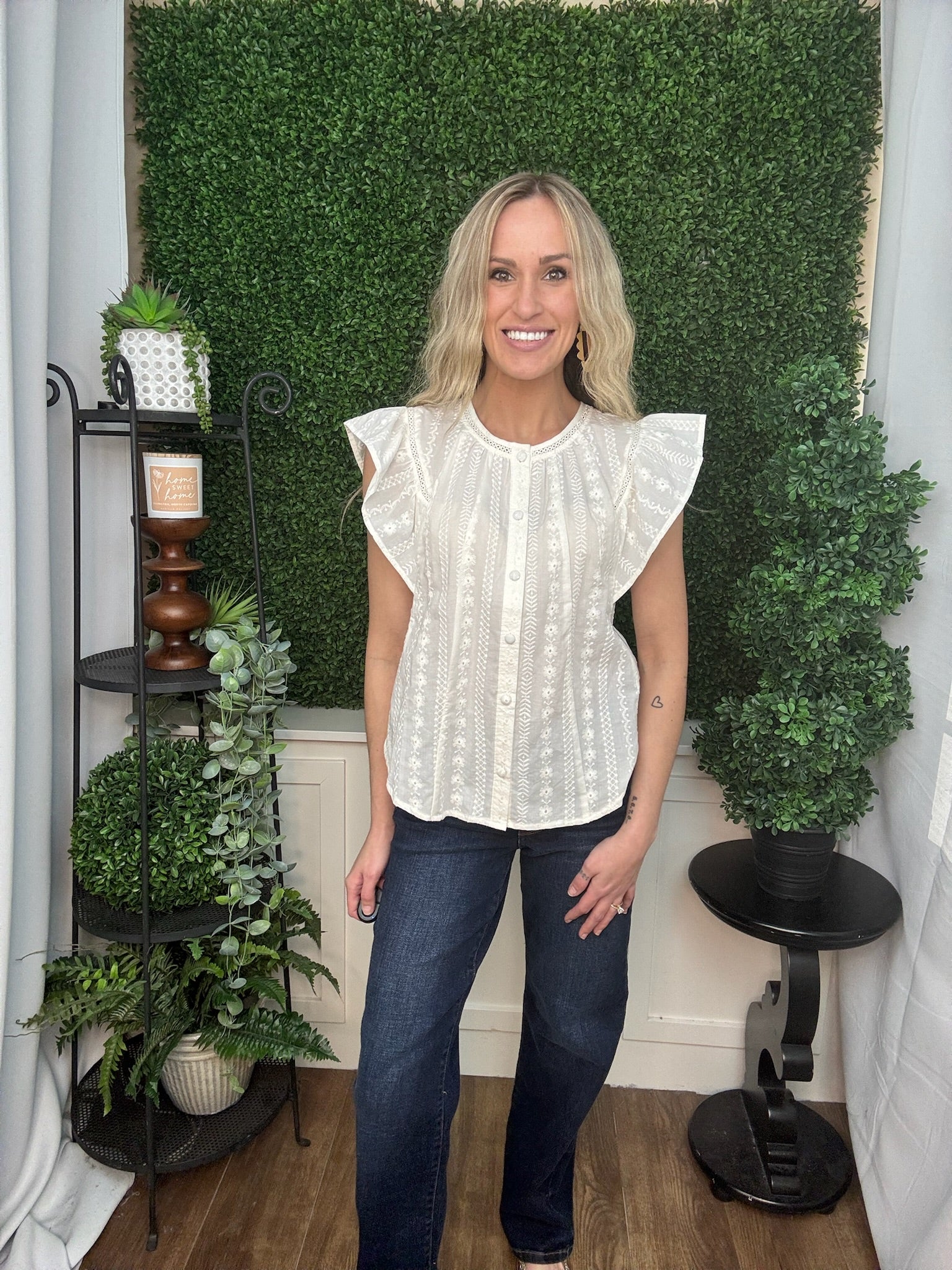 Ivory Lace Panel Flutter Sleeve Blouse