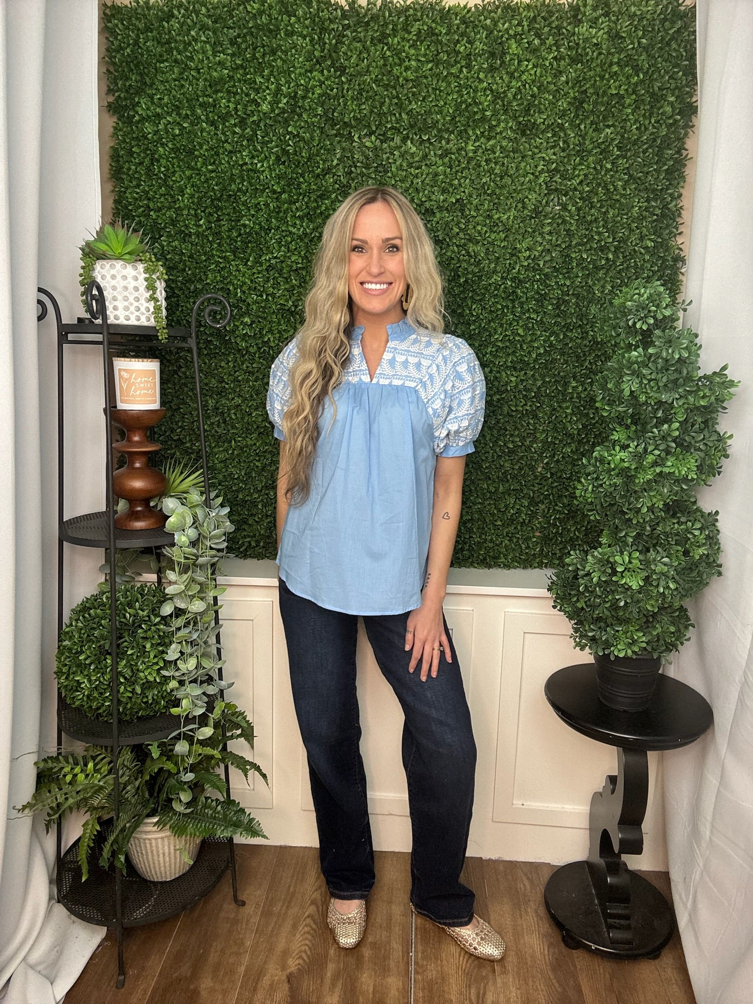 Embroidered Yoke Puff Sleeve Blouse