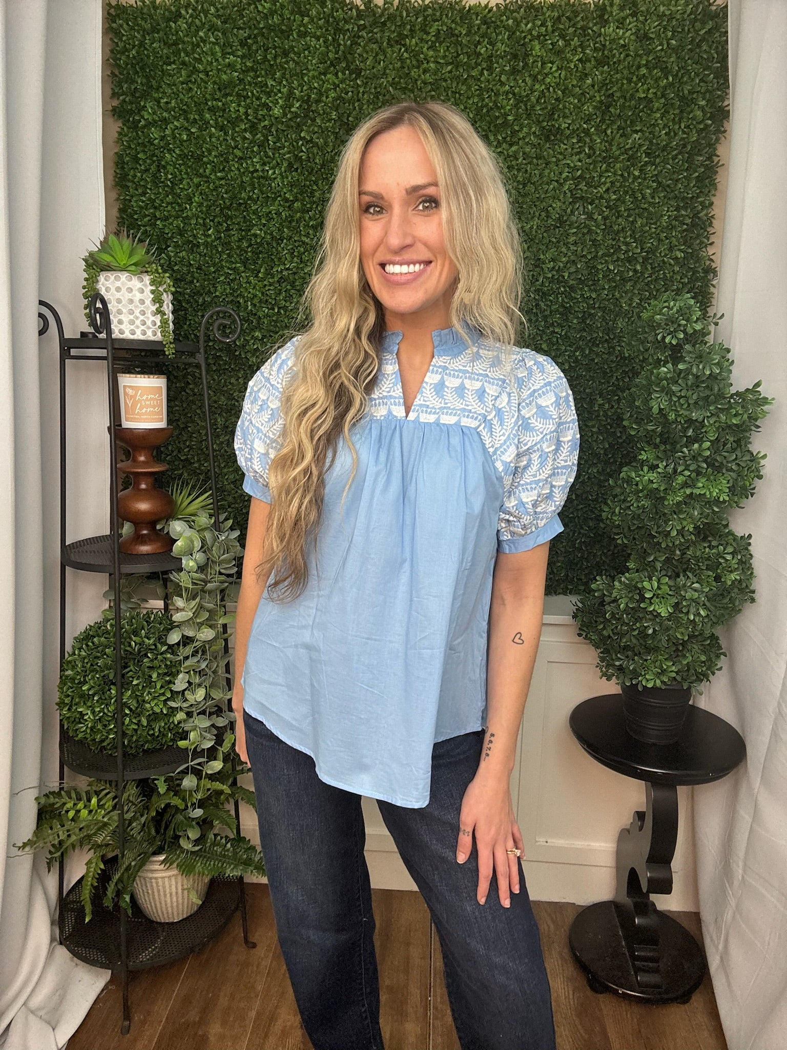 Embroidered Yoke Puff Sleeve Blouse