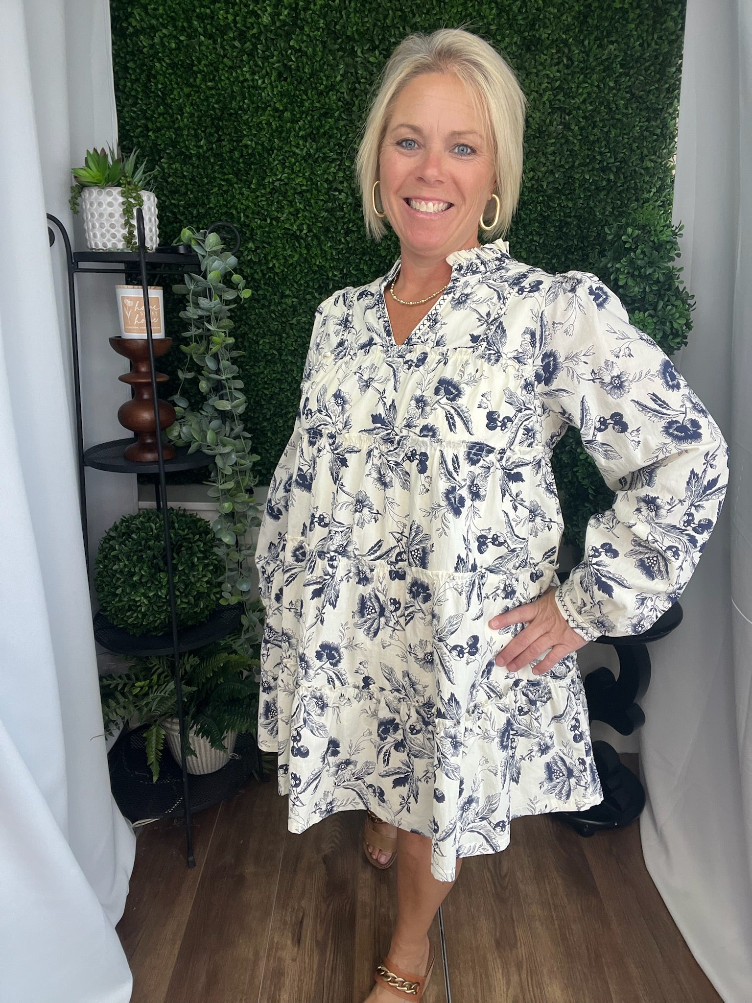 RUFFLE TIERED BABYDOLL MINI DRESS - IVORY/NAVY/FLORAL