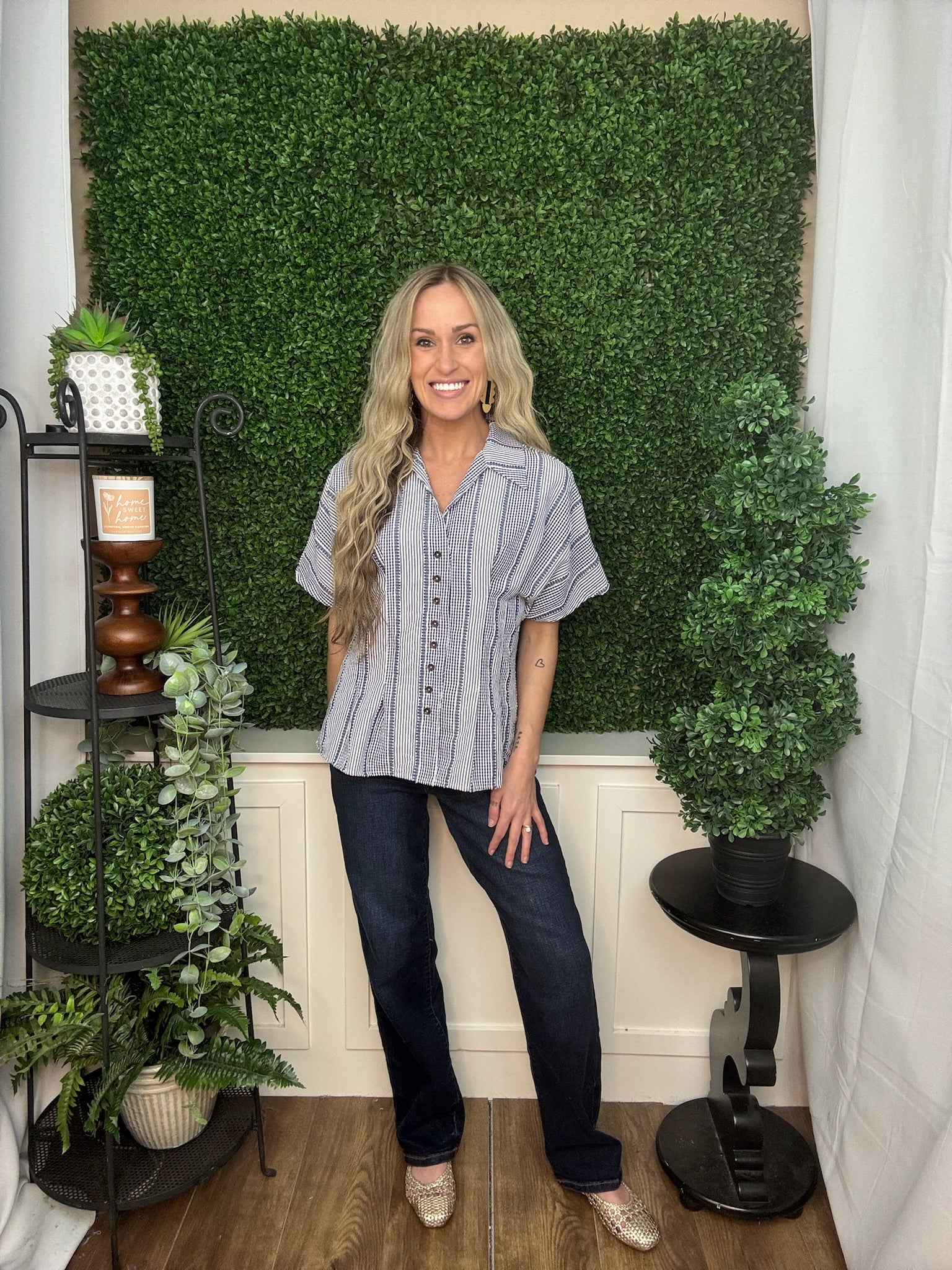 SS STRIPES GINGHAM BUTTON UP TOP - NAVY