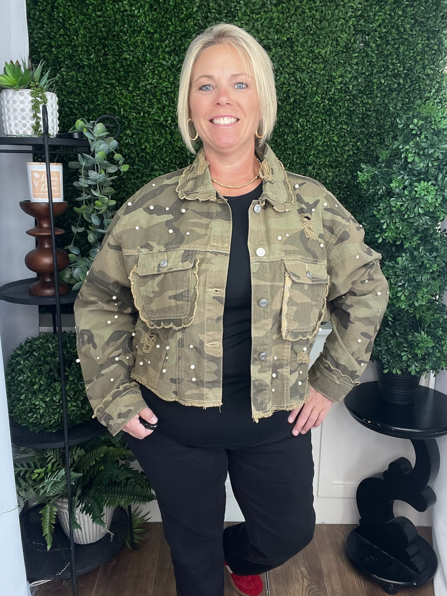 SCALLOP DETAILED GLITZY DENIM JACKET - CAMO