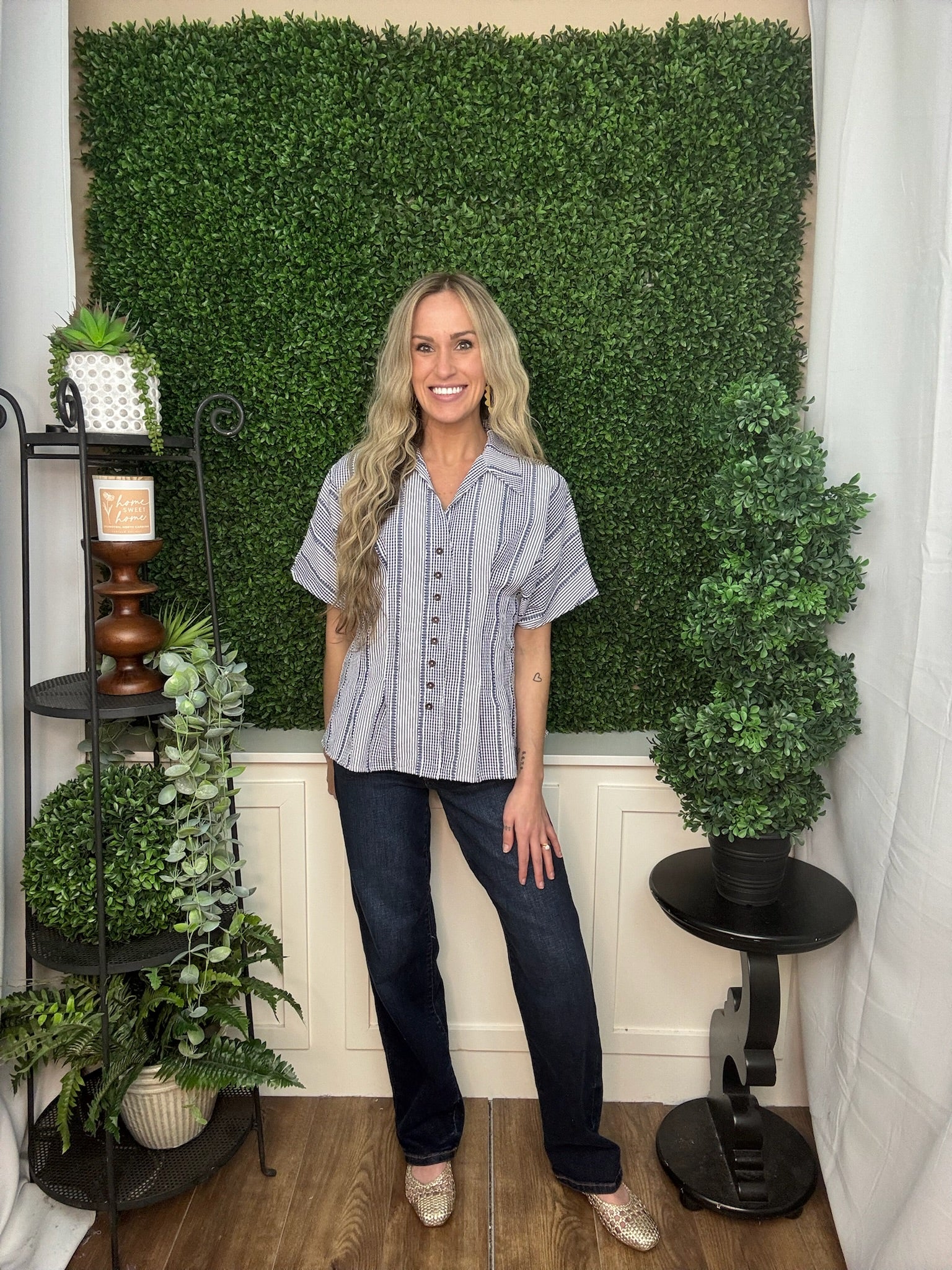 SS STRIPES GINGHAM BUTTON UP TOP - NAVY