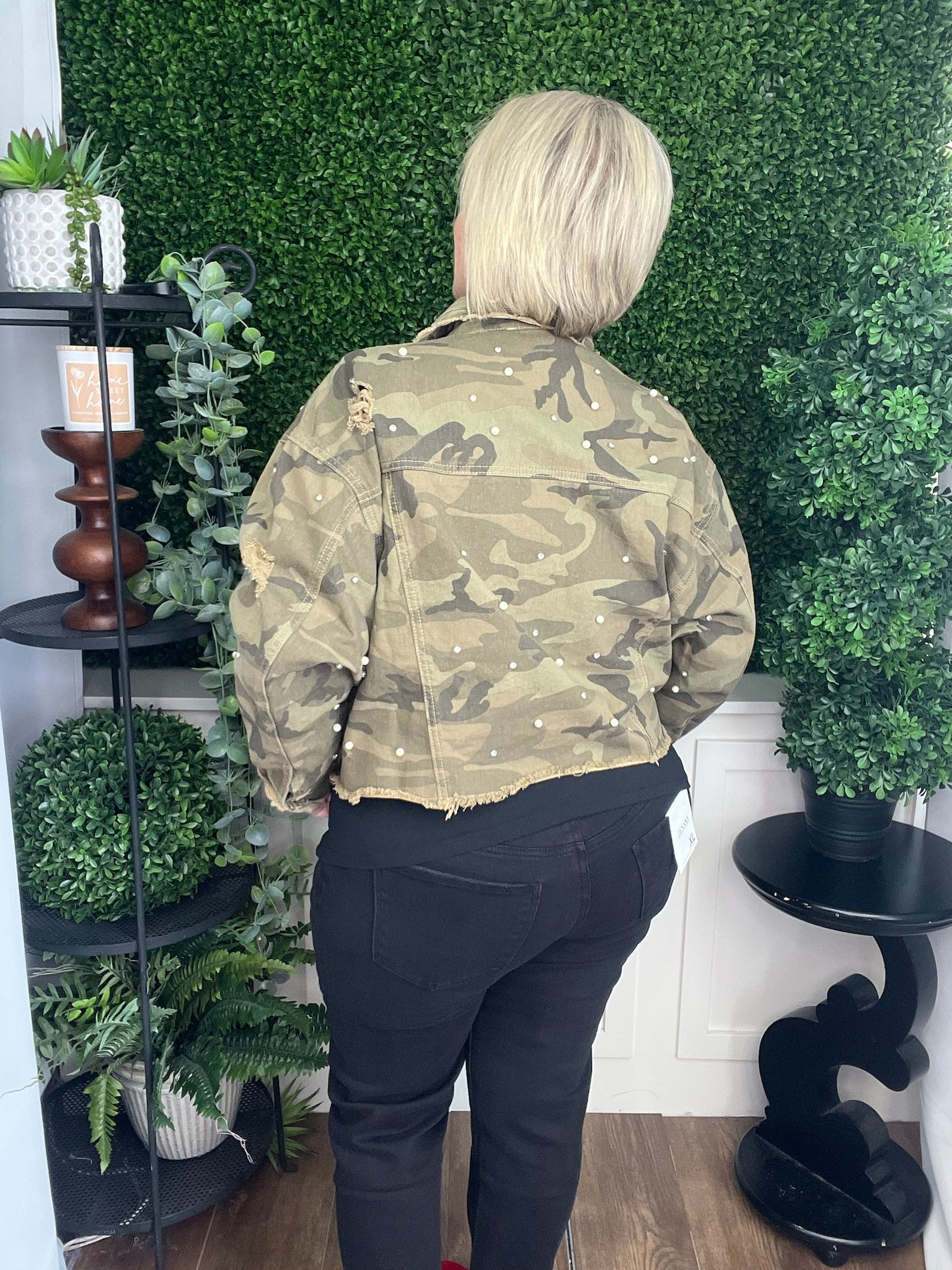 SCALLOP DETAILED GLITZY DENIM JACKET - CAMO