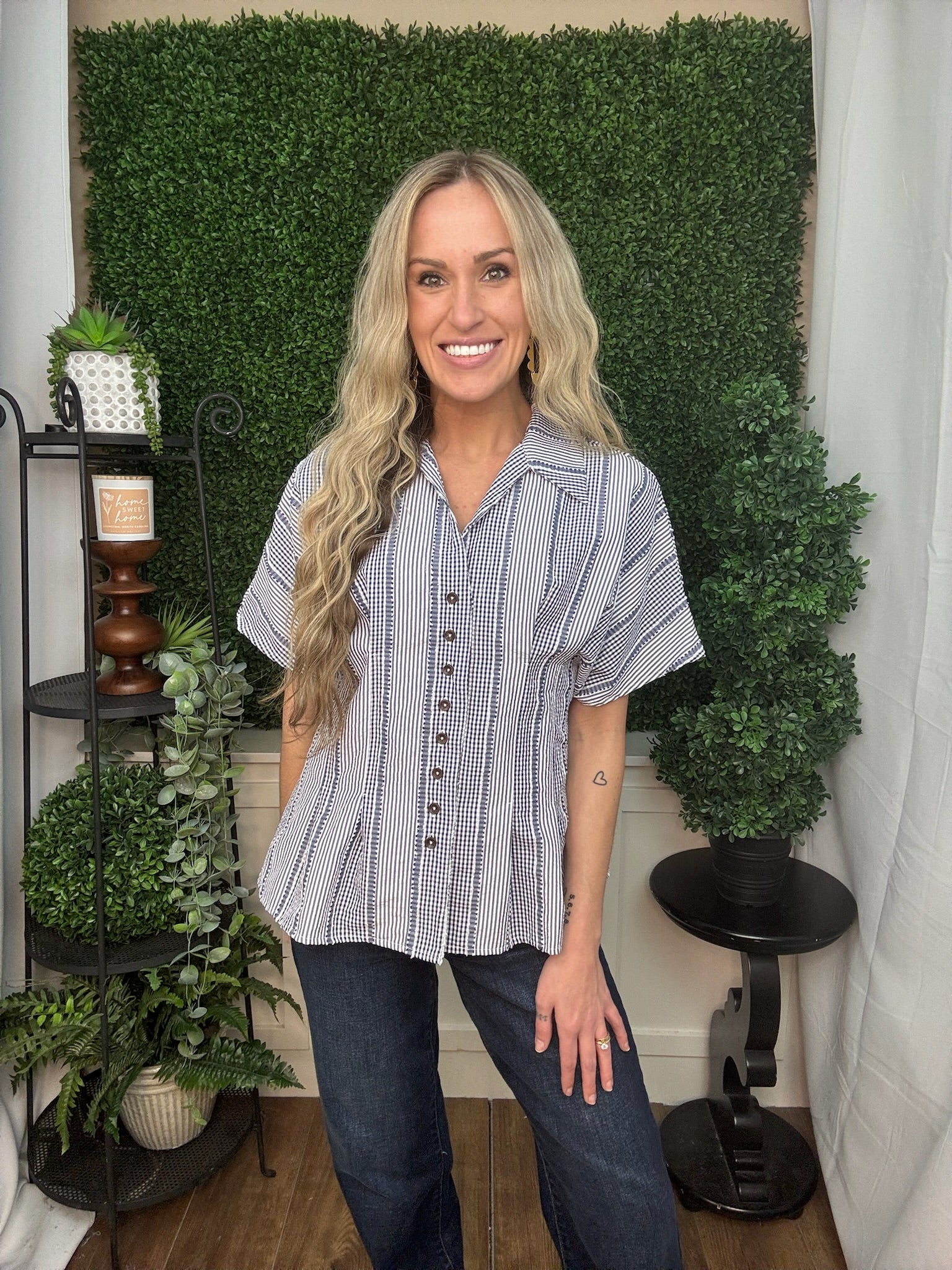 SS STRIPES GINGHAM BUTTON UP TOP - NAVY