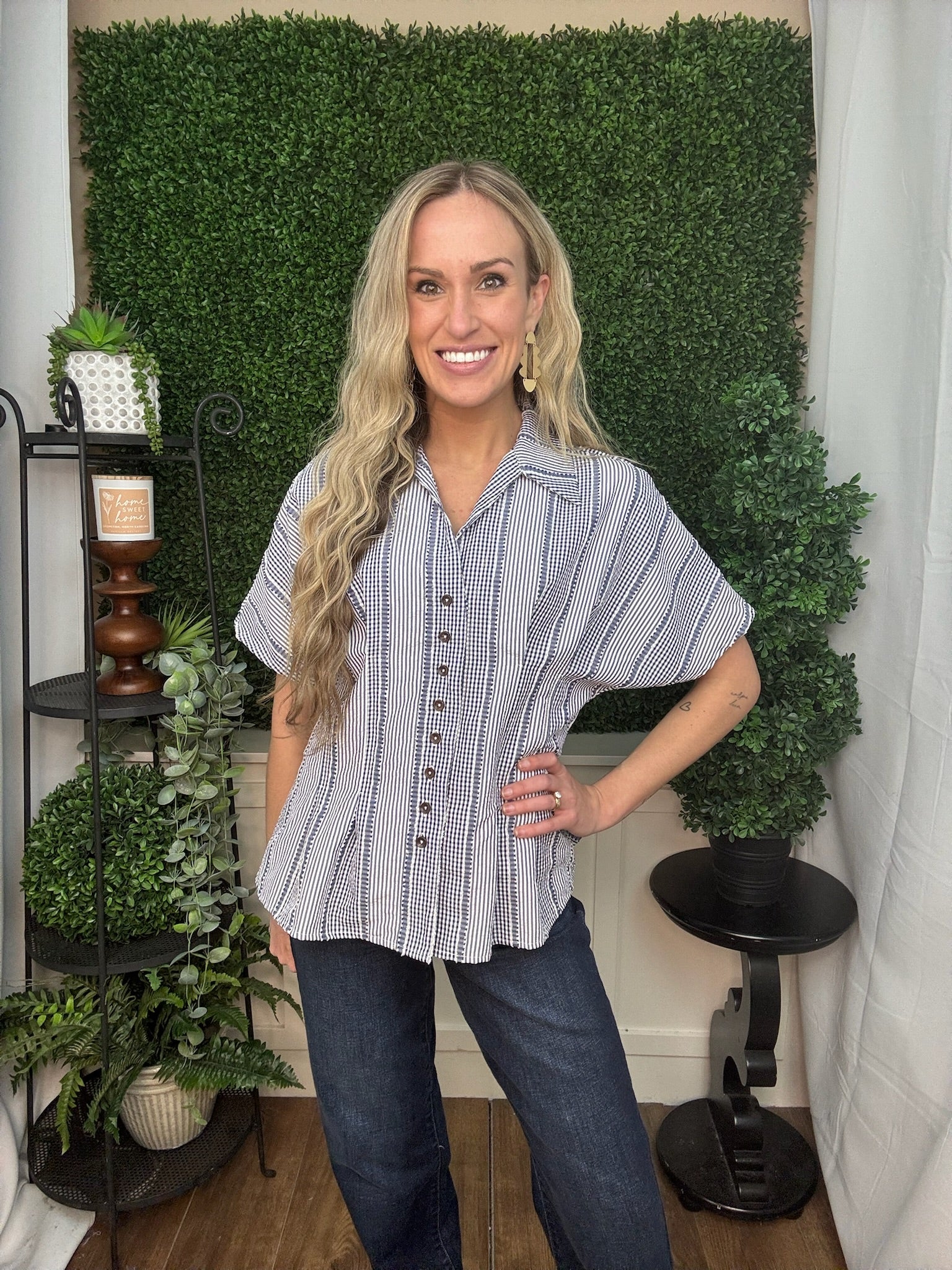 SS STRIPES GINGHAM BUTTON UP TOP - NAVY