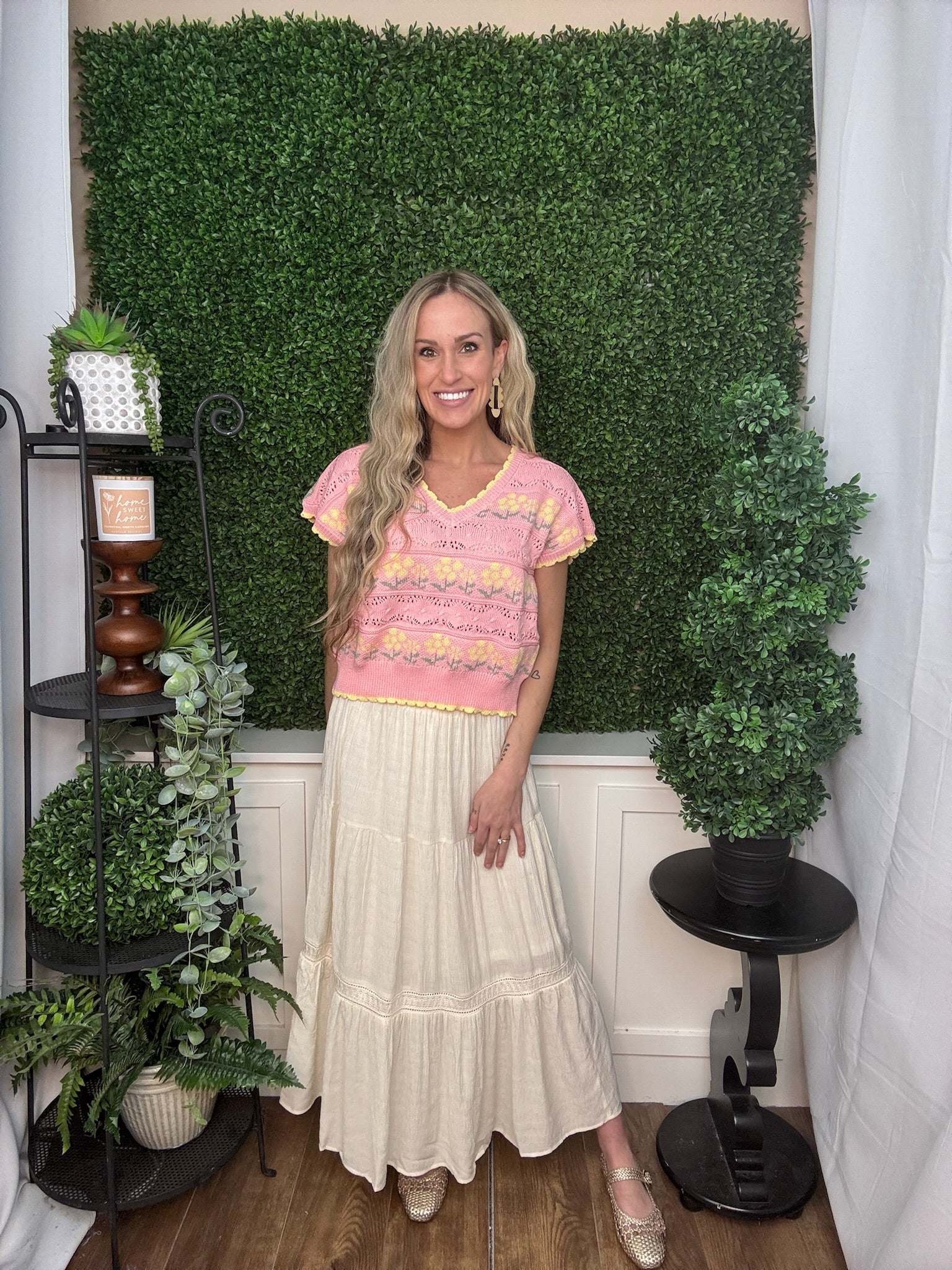 Ivory Solid Smocked Waist Tiered Midi Skirt