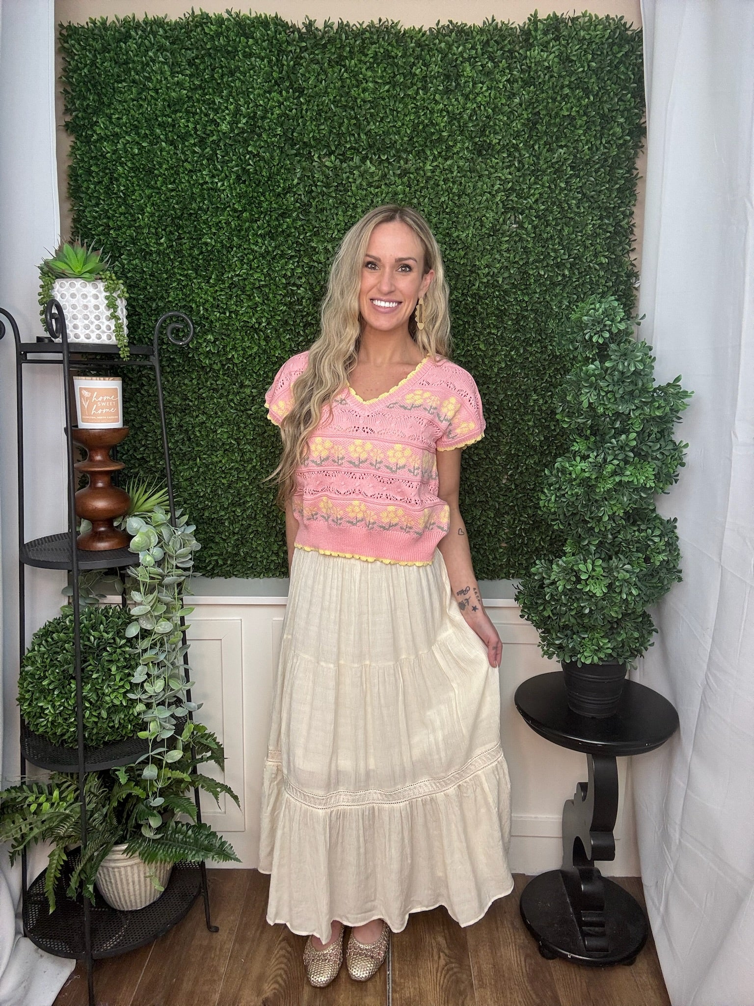 Ivory Solid Smocked Waist Tiered Midi Skirt