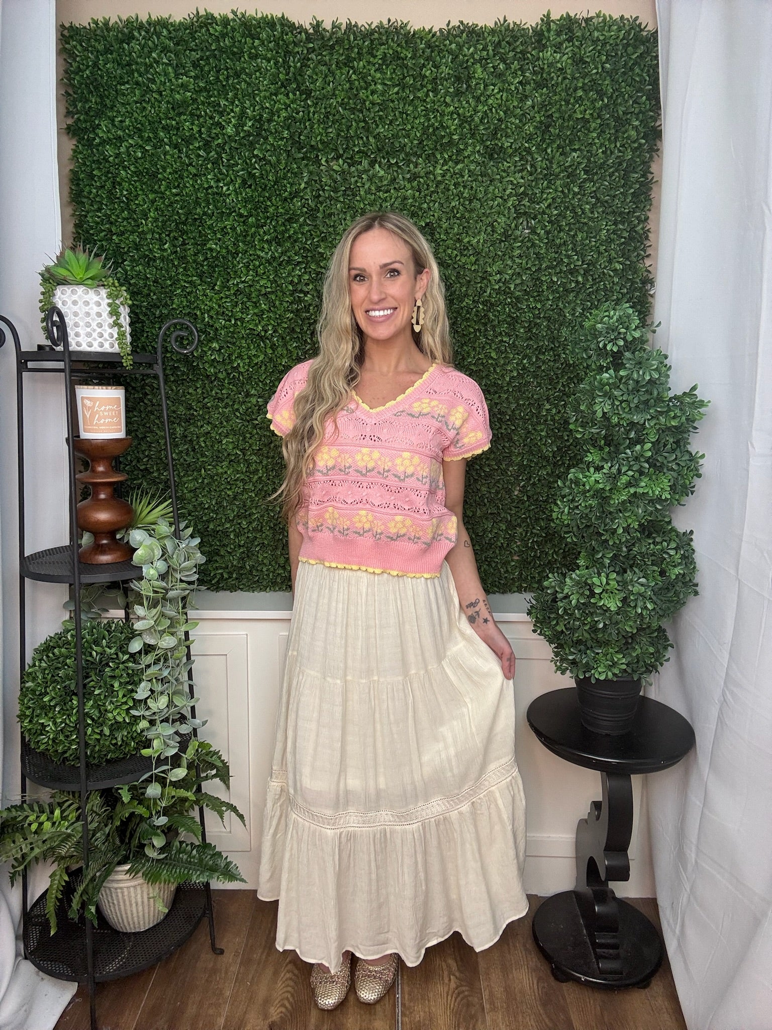 Pink Floral Knit Sweater Top