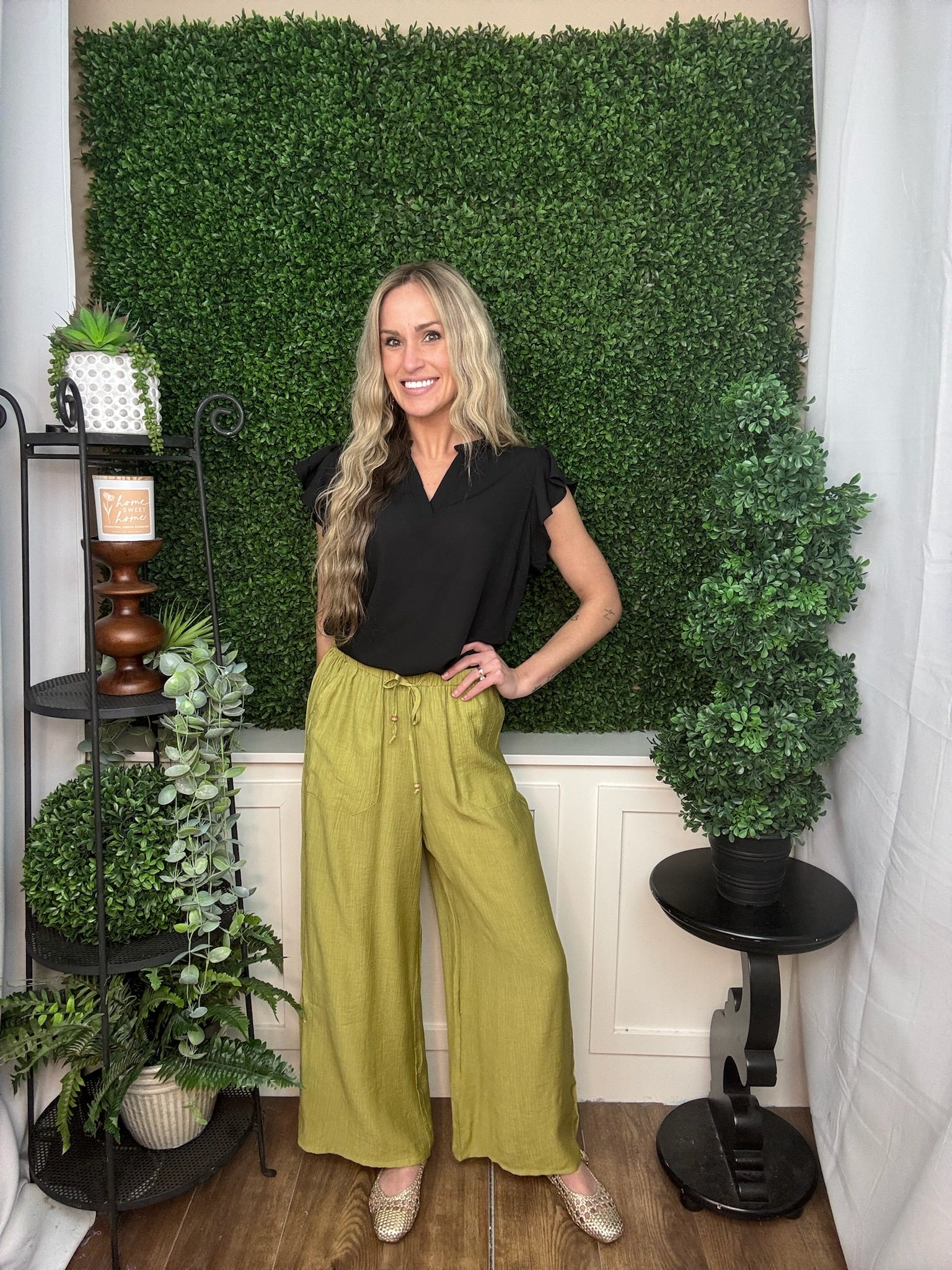 Solid Washed Drawstring Wide Leg Pants