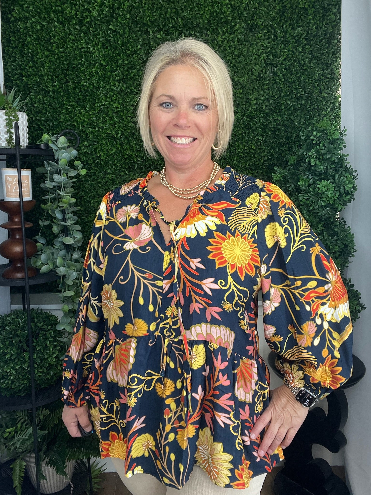 FLORAL PRINT TOP W/FRONT TIE - NAVY MIX