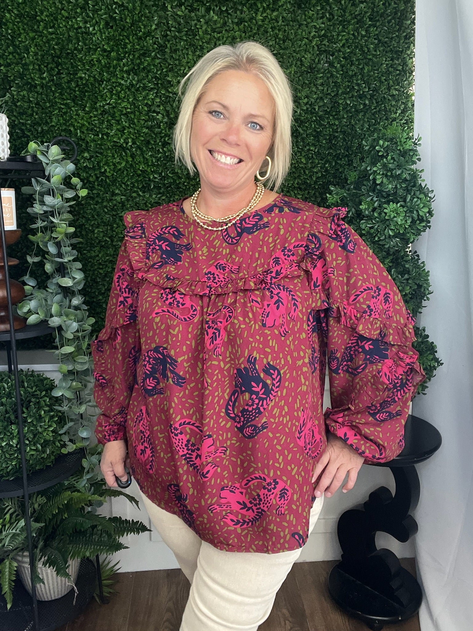 ANIMAL PRINTED WOOL PEACH BLOUSE - SANGRIA