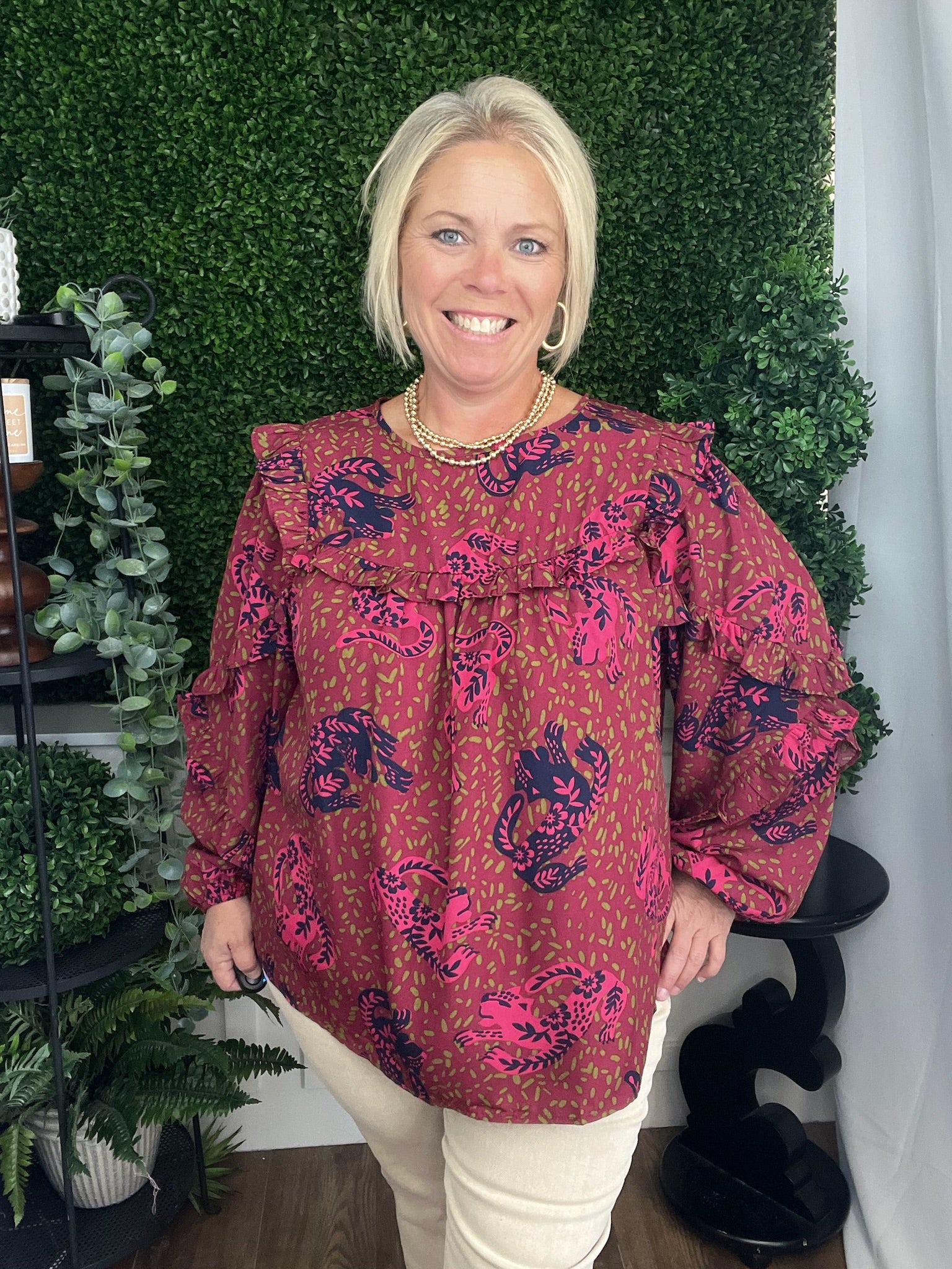 ANIMAL PRINTED WOOL PEACH BLOUSE - SANGRIA