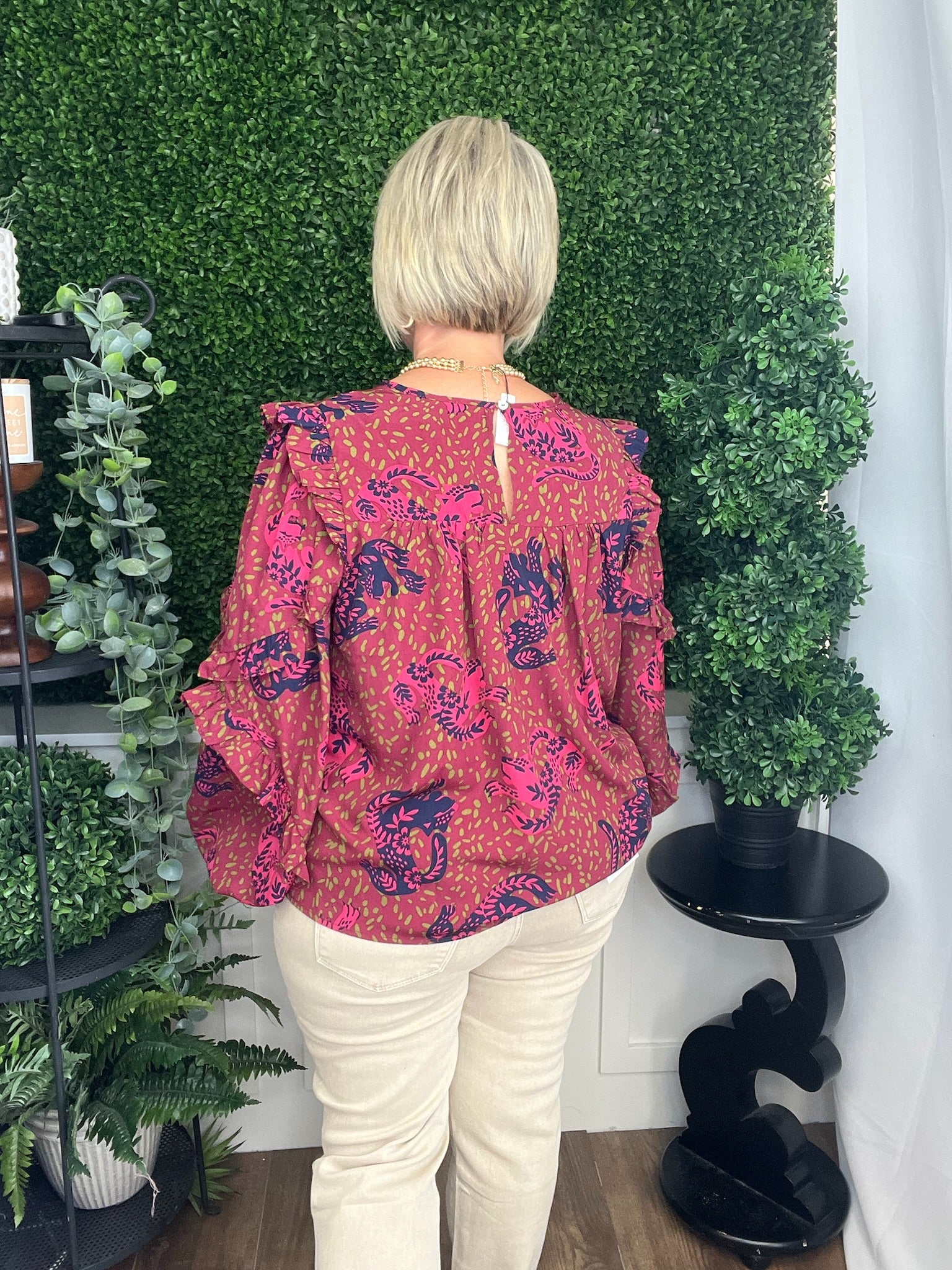 ANIMAL PRINTED WOOL PEACH BLOUSE - SANGRIA