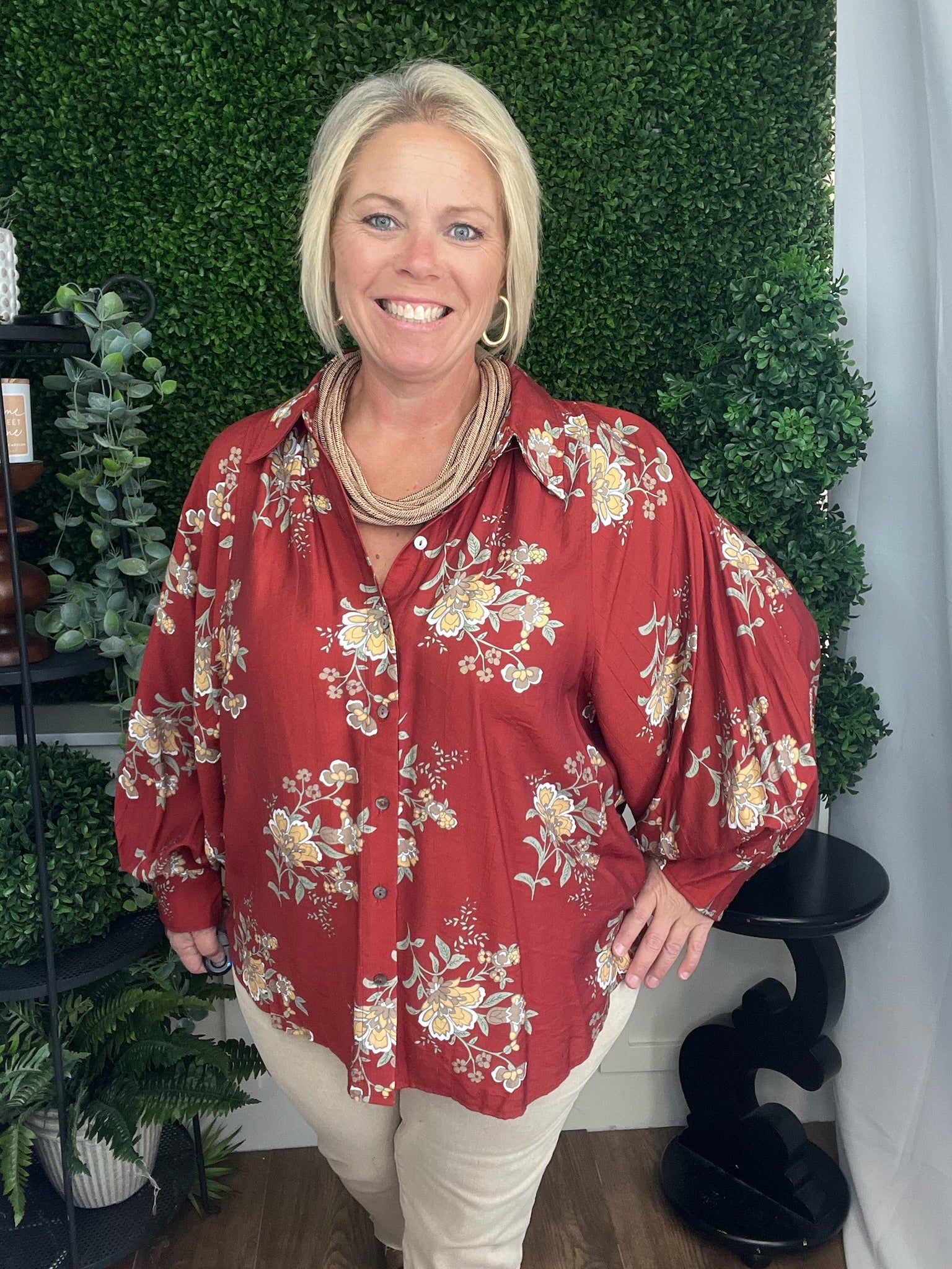 FLORAL PRINT LS TOP - BRICK