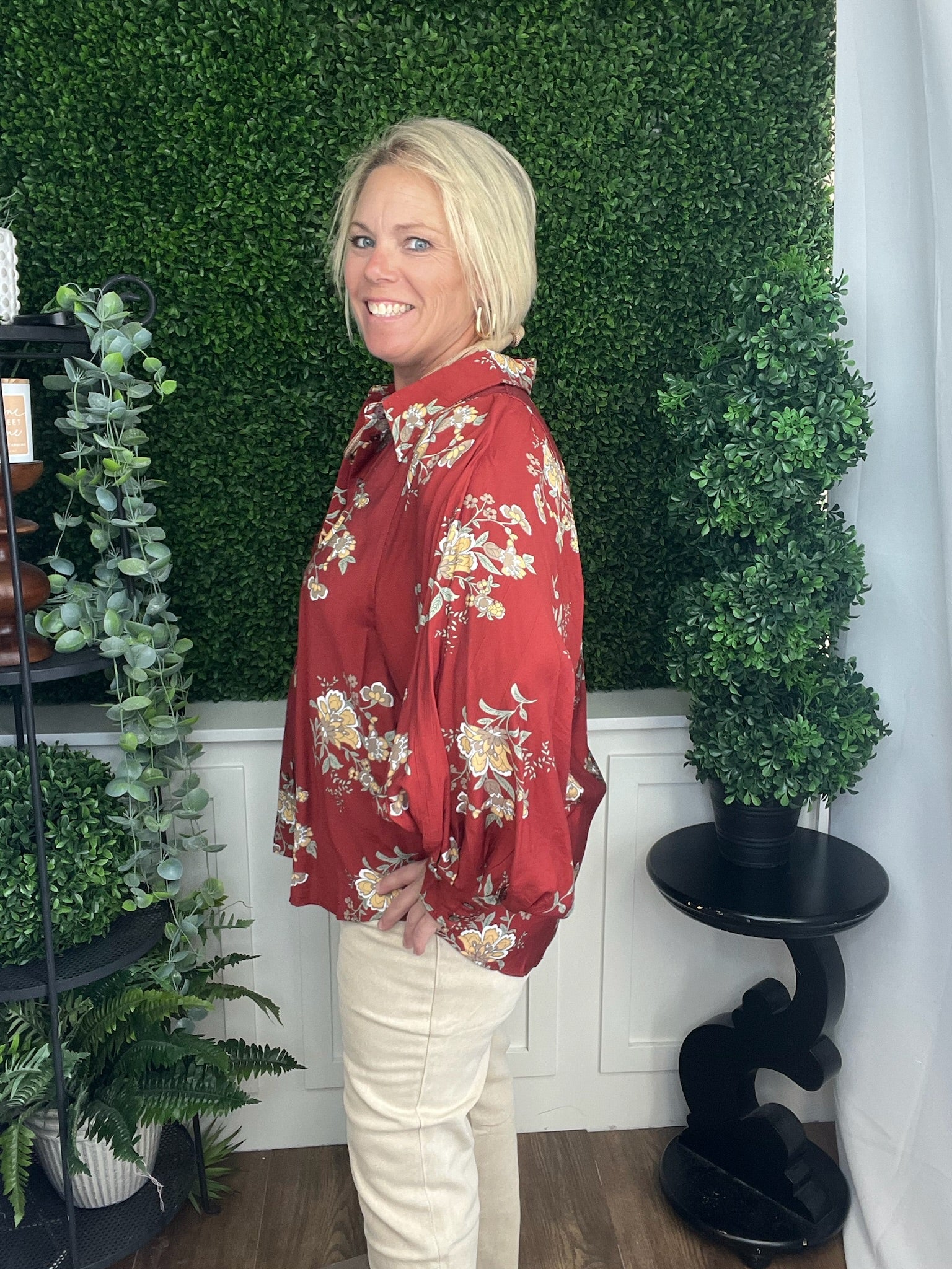 FLORAL PRINT LS TOP - BRICK