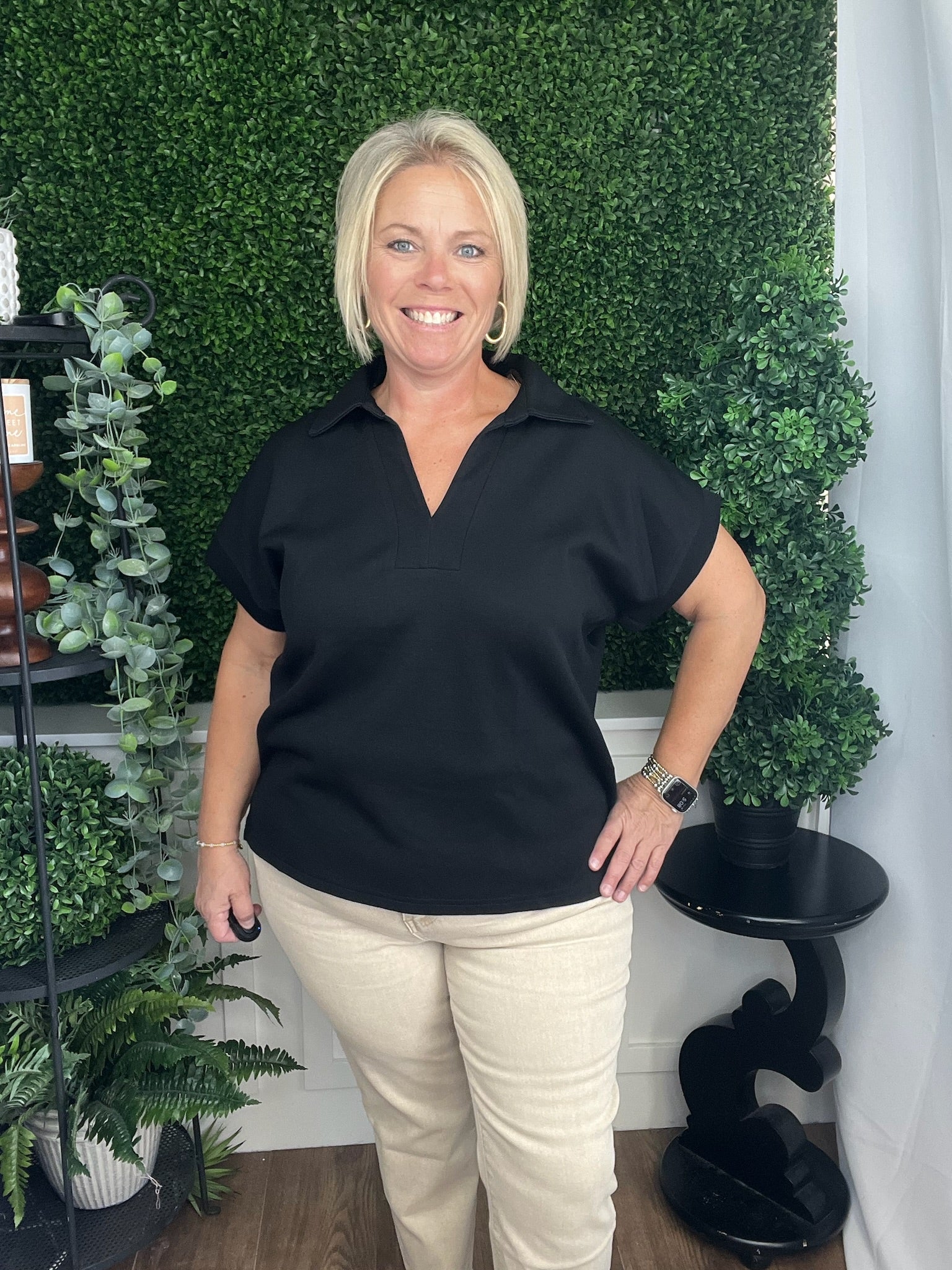 SOLID CUFFED SHORT SLEEVE VNECK TOP