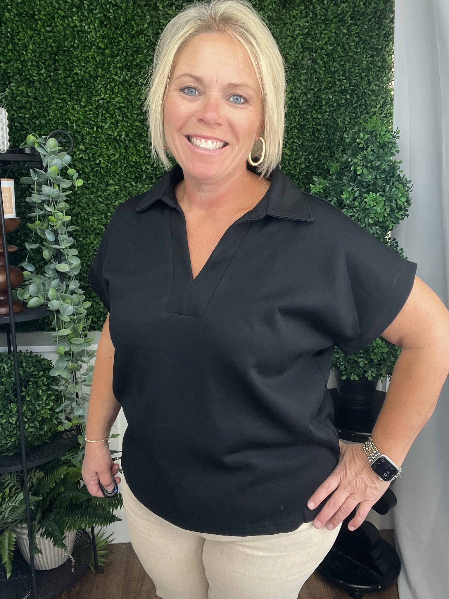 SOLID CUFFED SHORT SLEEVE VNECK TOP