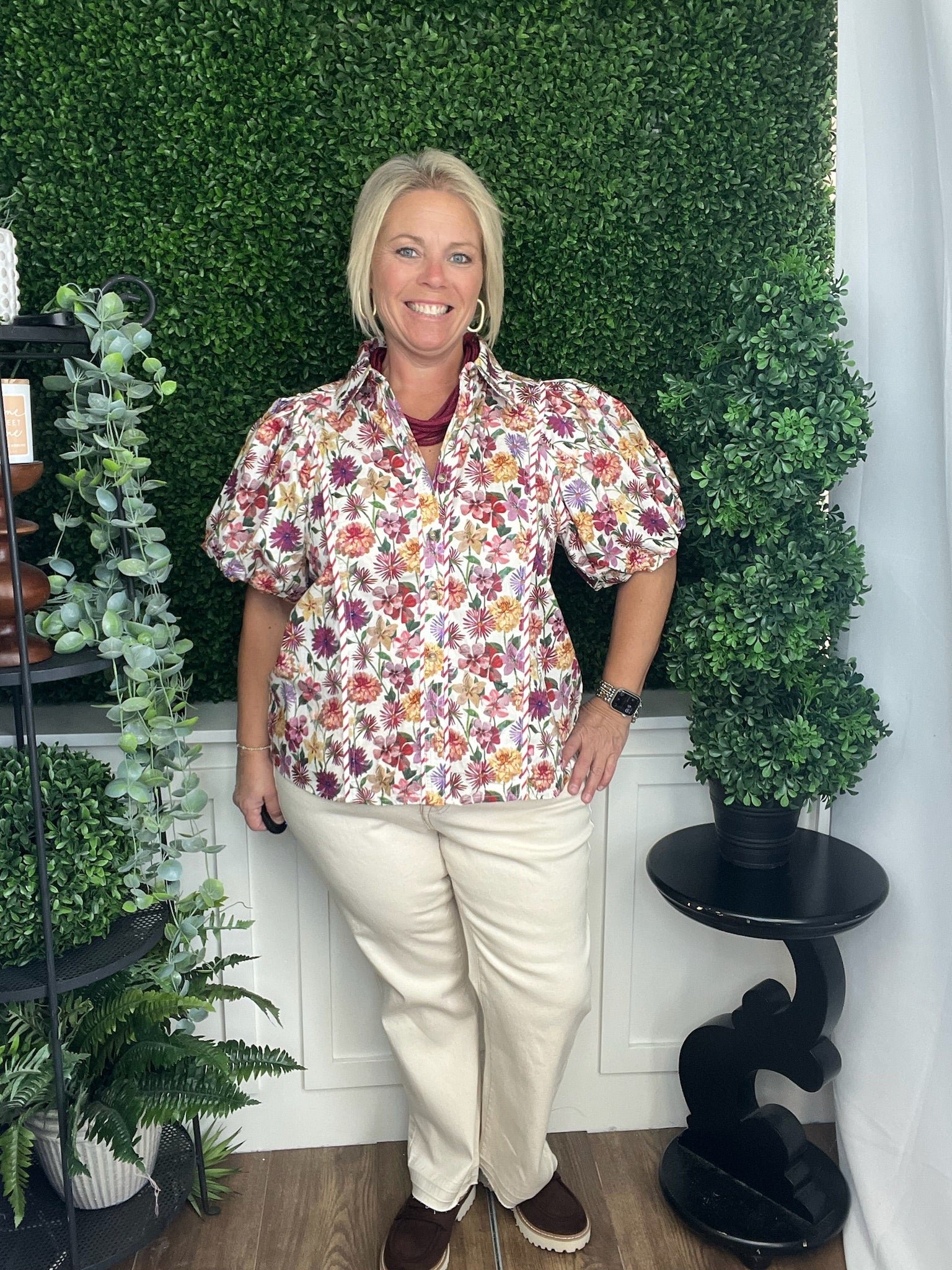 FLORAL PRINT PUFF SLEEVE TOP - PLUM