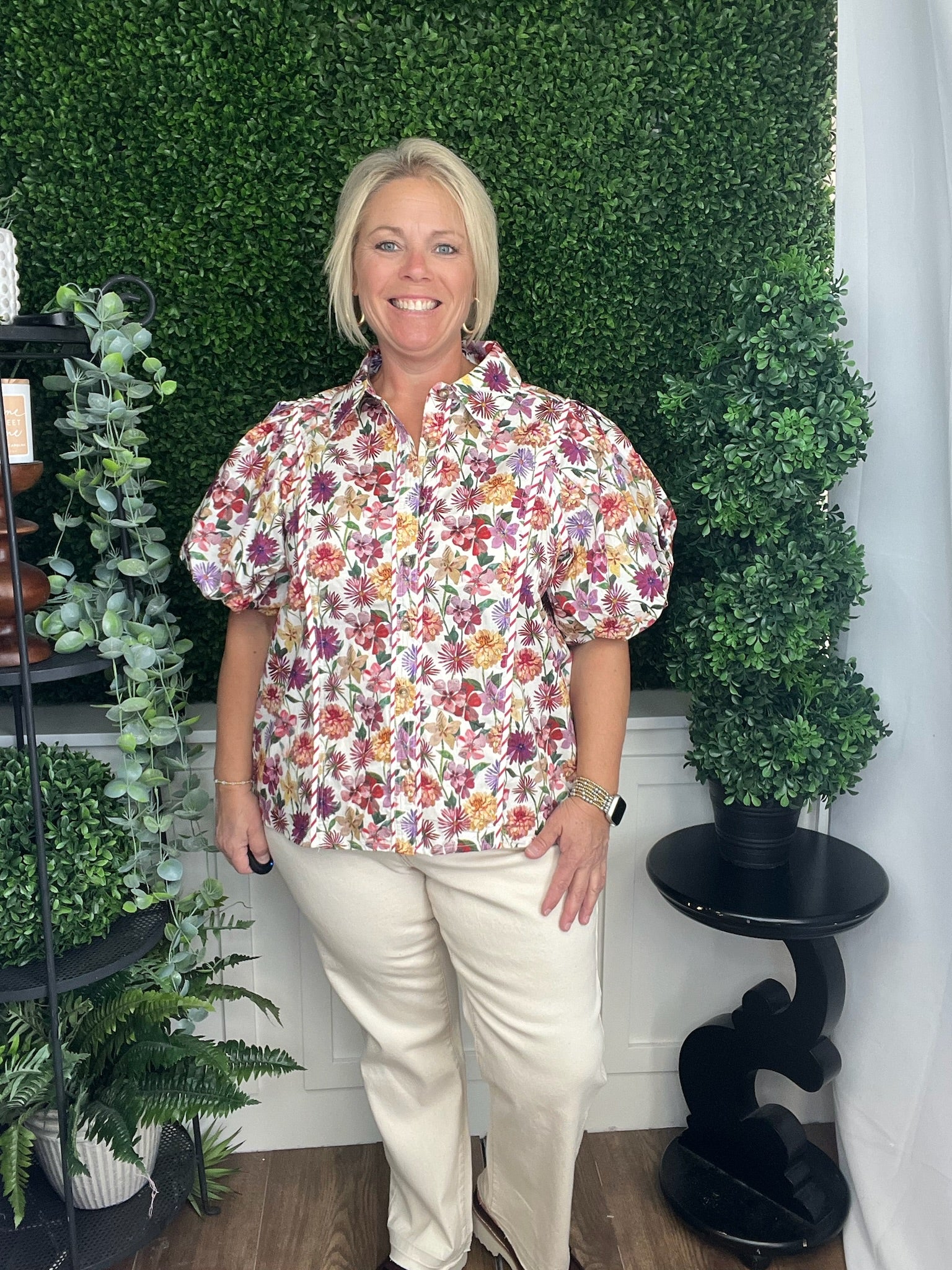 FLORAL PRINT PUFF SLEEVE TOP - PLUM