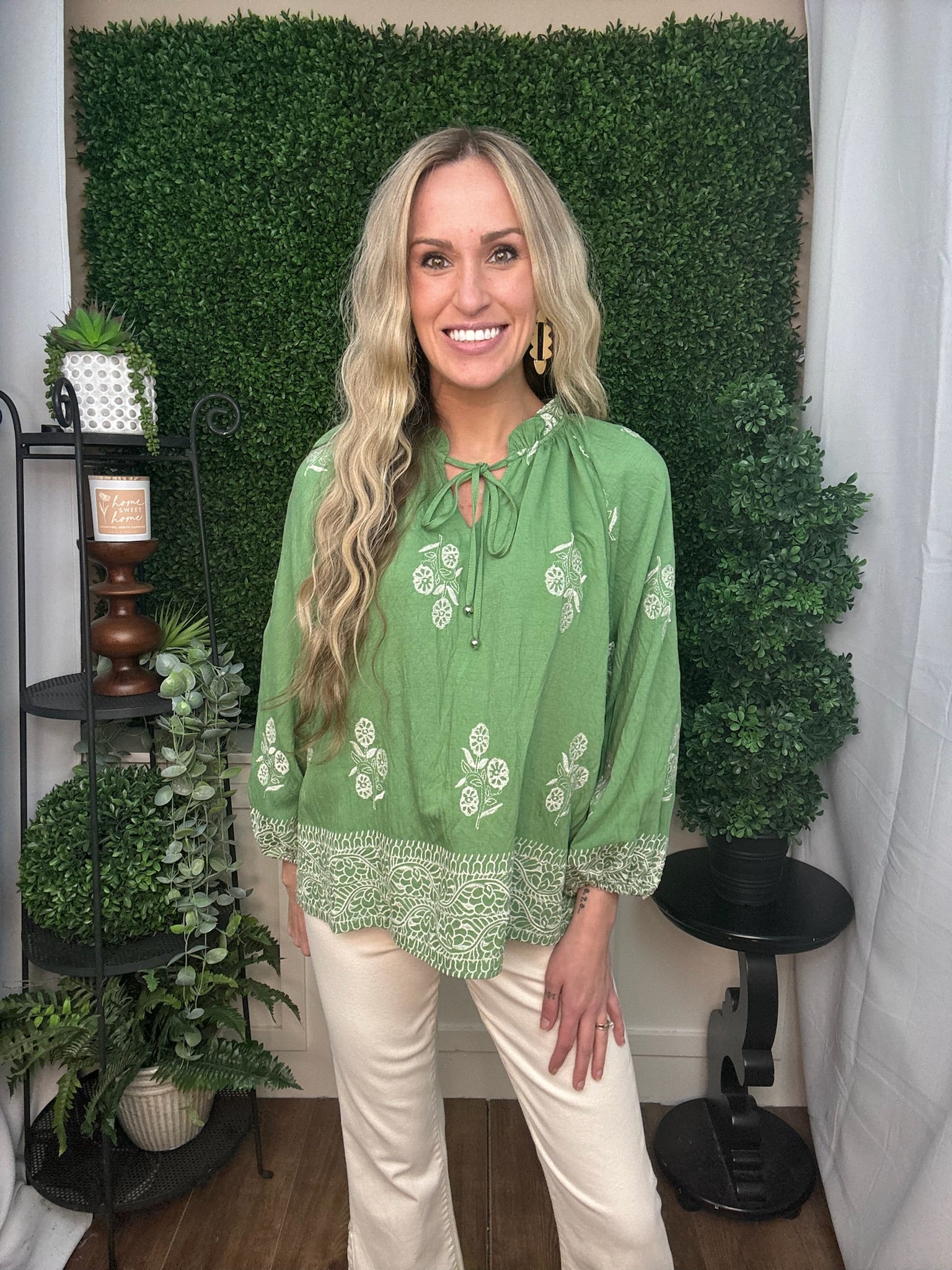 LONG SLEEVE SAGE W/WHITE EMBROIDERY