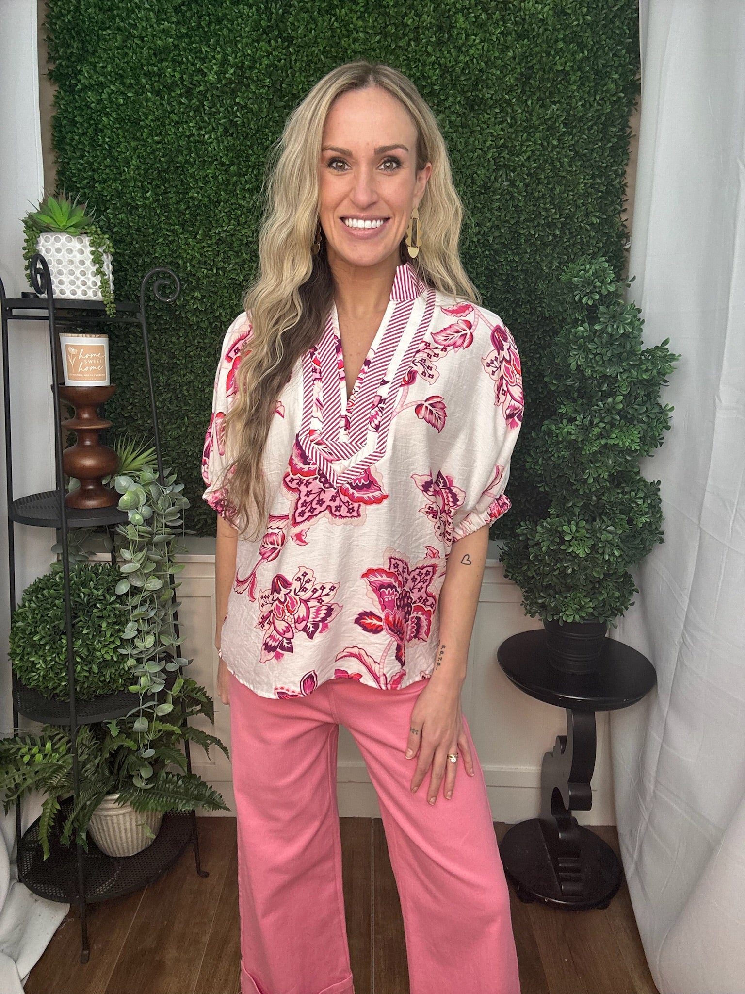 PINK FLORAL PUFF SLEEVE TOP