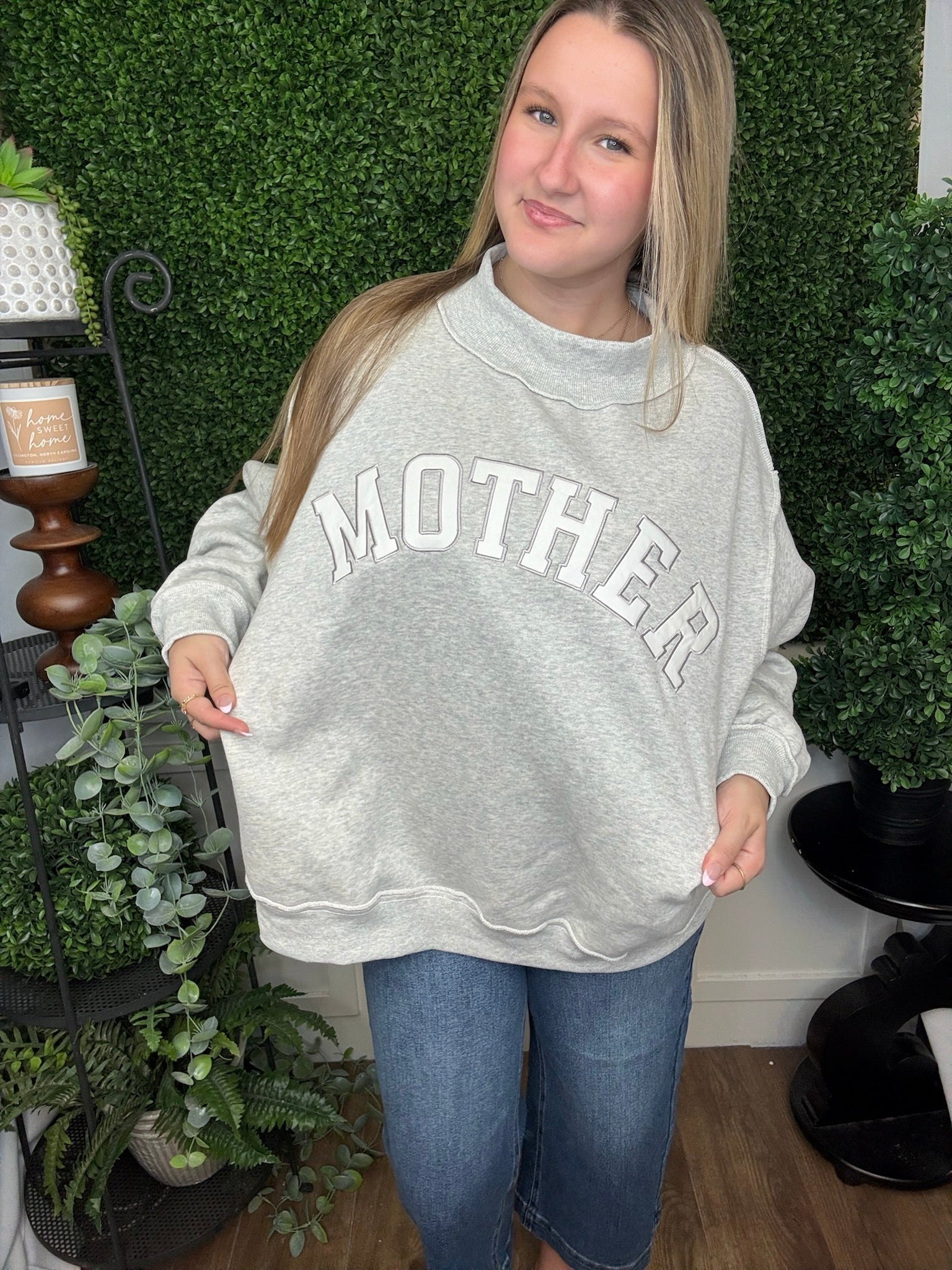 EMBROIDERED MOCK NECK SWEATSHIRT - MOTHER - GREY