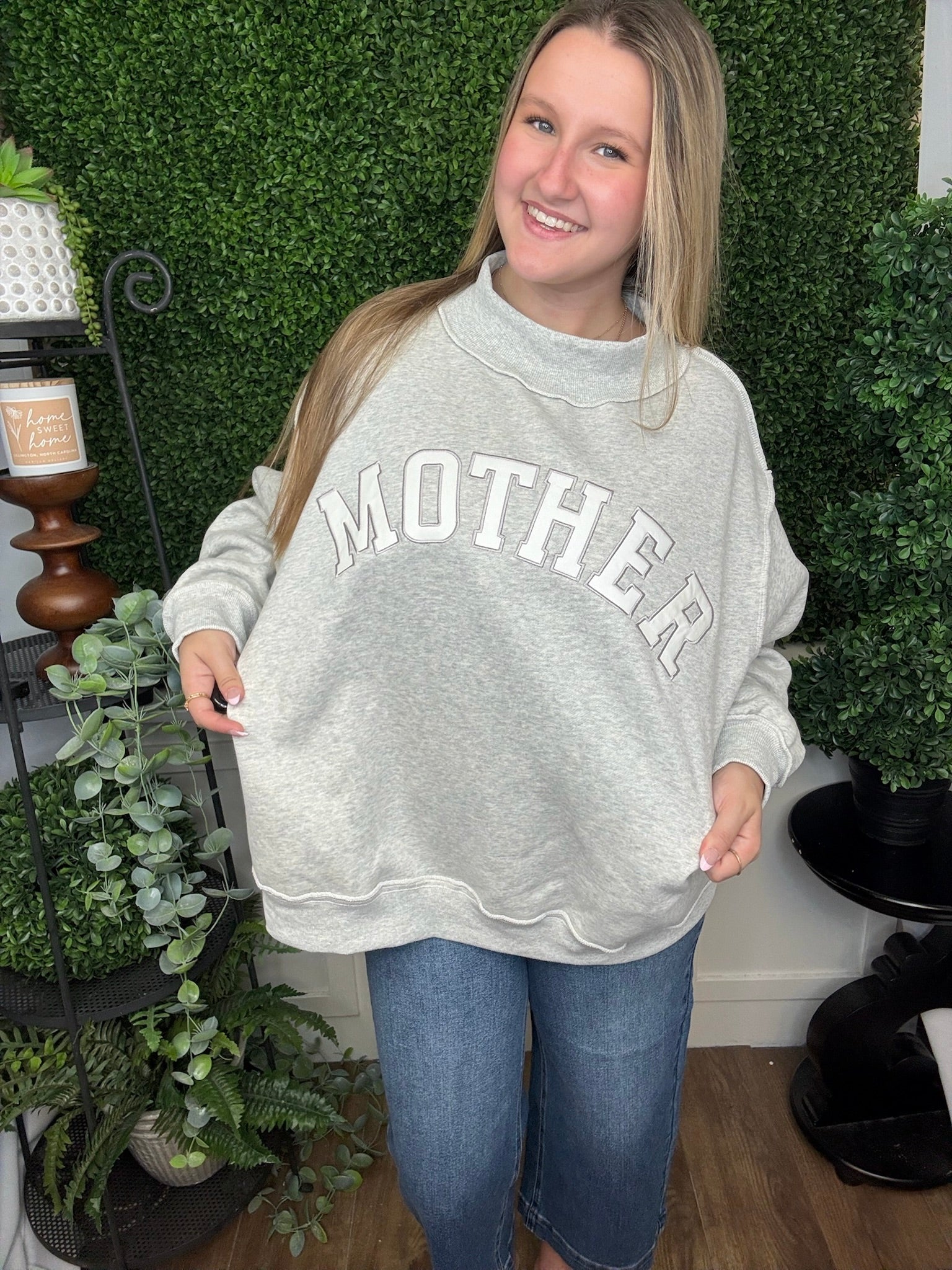 EMBROIDERED MOCK NECK SWEATSHIRT - MOTHER - GREY