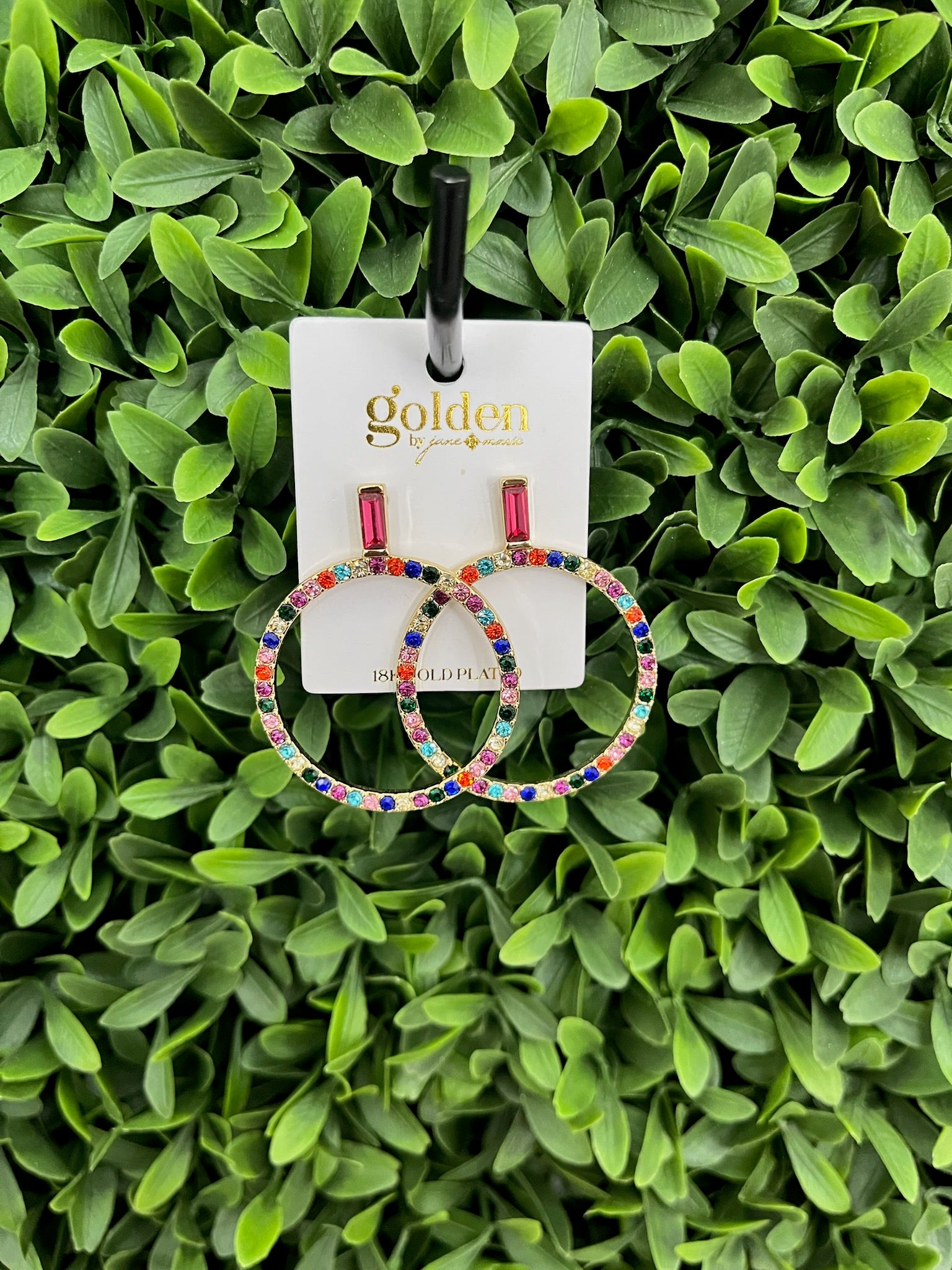 18K PLATED PINK BAGUETTE CRYSTAL POST W/CRYSTAL OPEN CIRCLE EARRINGS