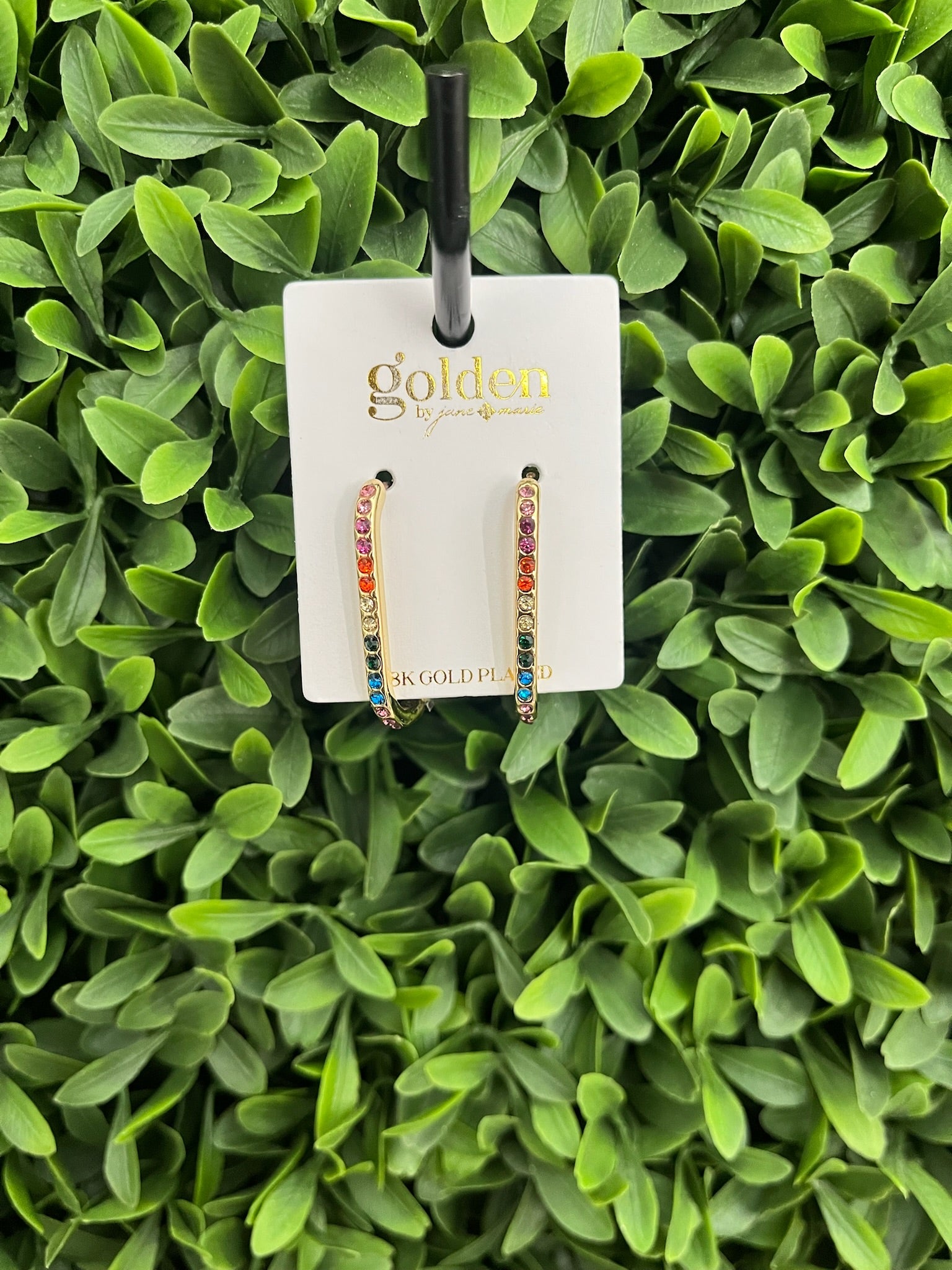 18K PLATED MULTI CRYSTAL LONG OVAL HUGGIE EARRINGS