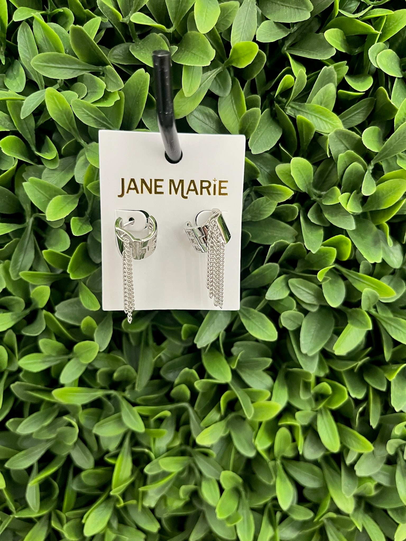 18K WHITE GOLD PLATED SMALL WIDE HOOP W/CHAIN FRINGE EARRINGS