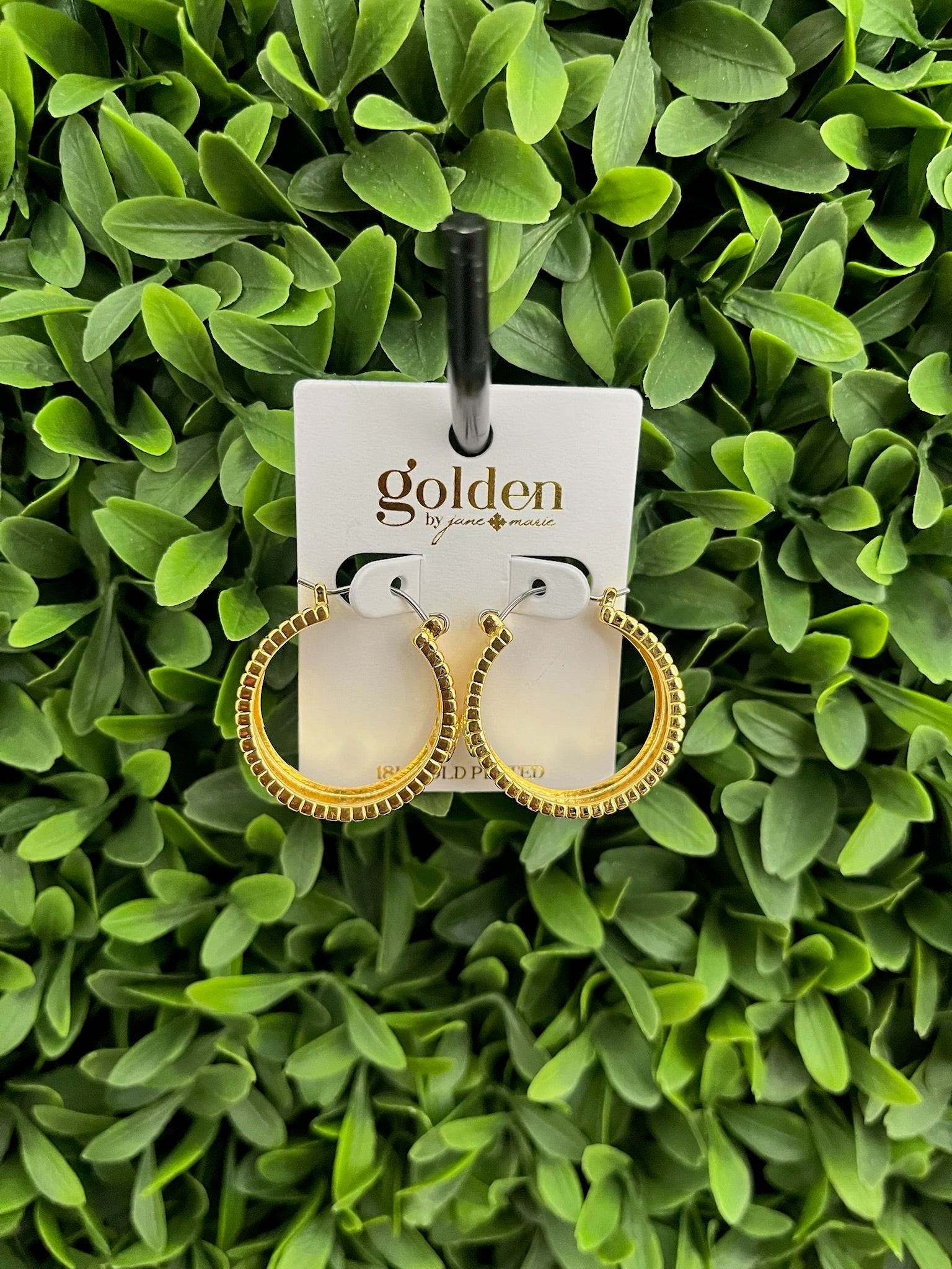 18K GOLD PLATED WIDE LINED HOOP W/CLEAR RECTANGLE CRYSTAL ACCENT EARRINGS