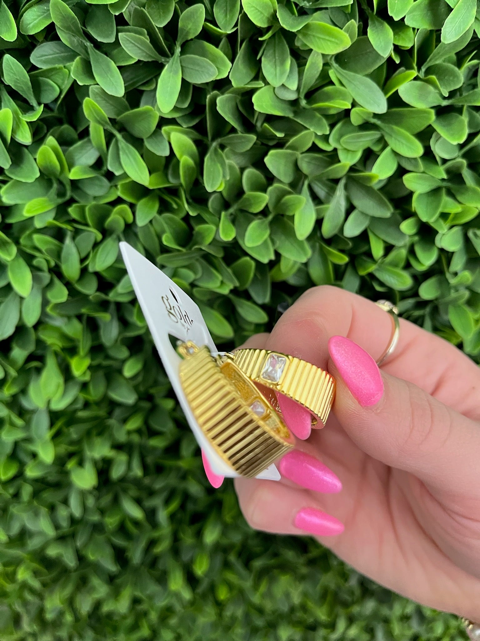 18K GOLD PLATED WIDE LINED HOOP W/CLEAR RECTANGLE CRYSTAL ACCENT EARRINGS