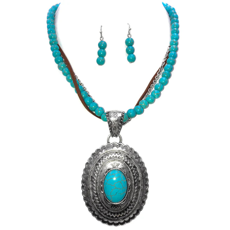 WESTERN OVAL CONCHO TURQUOISE BEADS NECKLACE SET