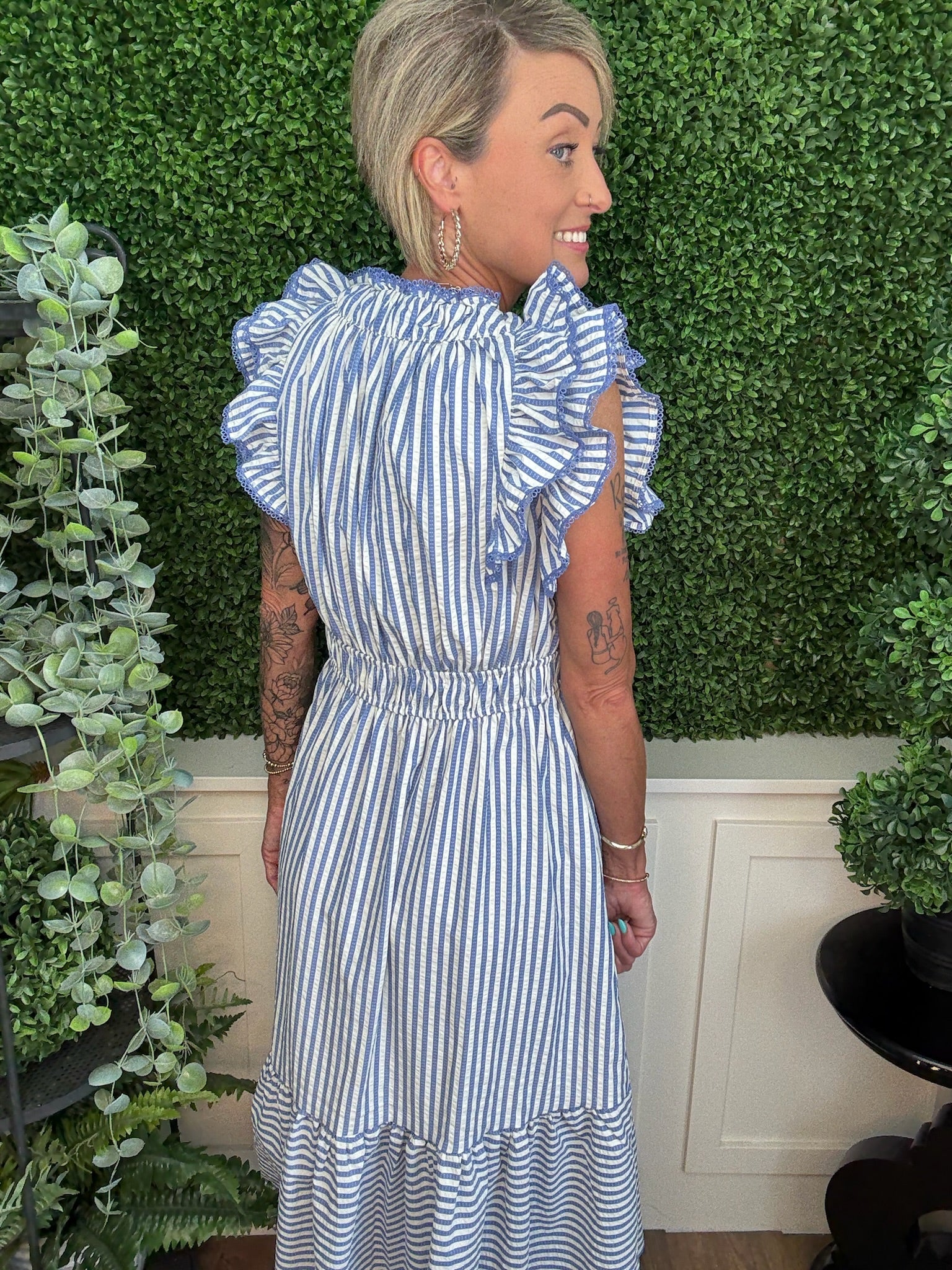 RUFFLE TRIMMED STRIPED MIDI DRESS