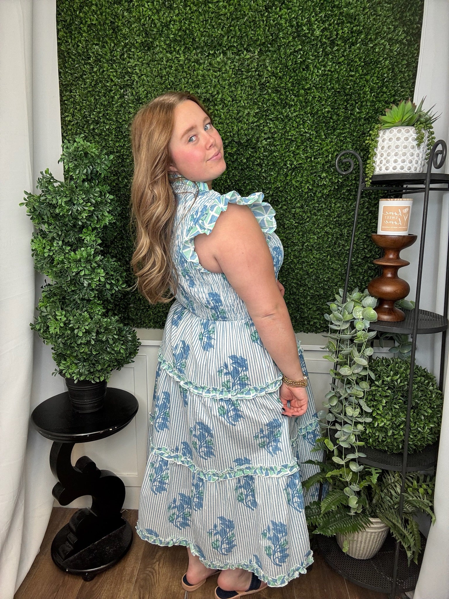 PERIN SMOCKED MIDI DRESS - BLUE