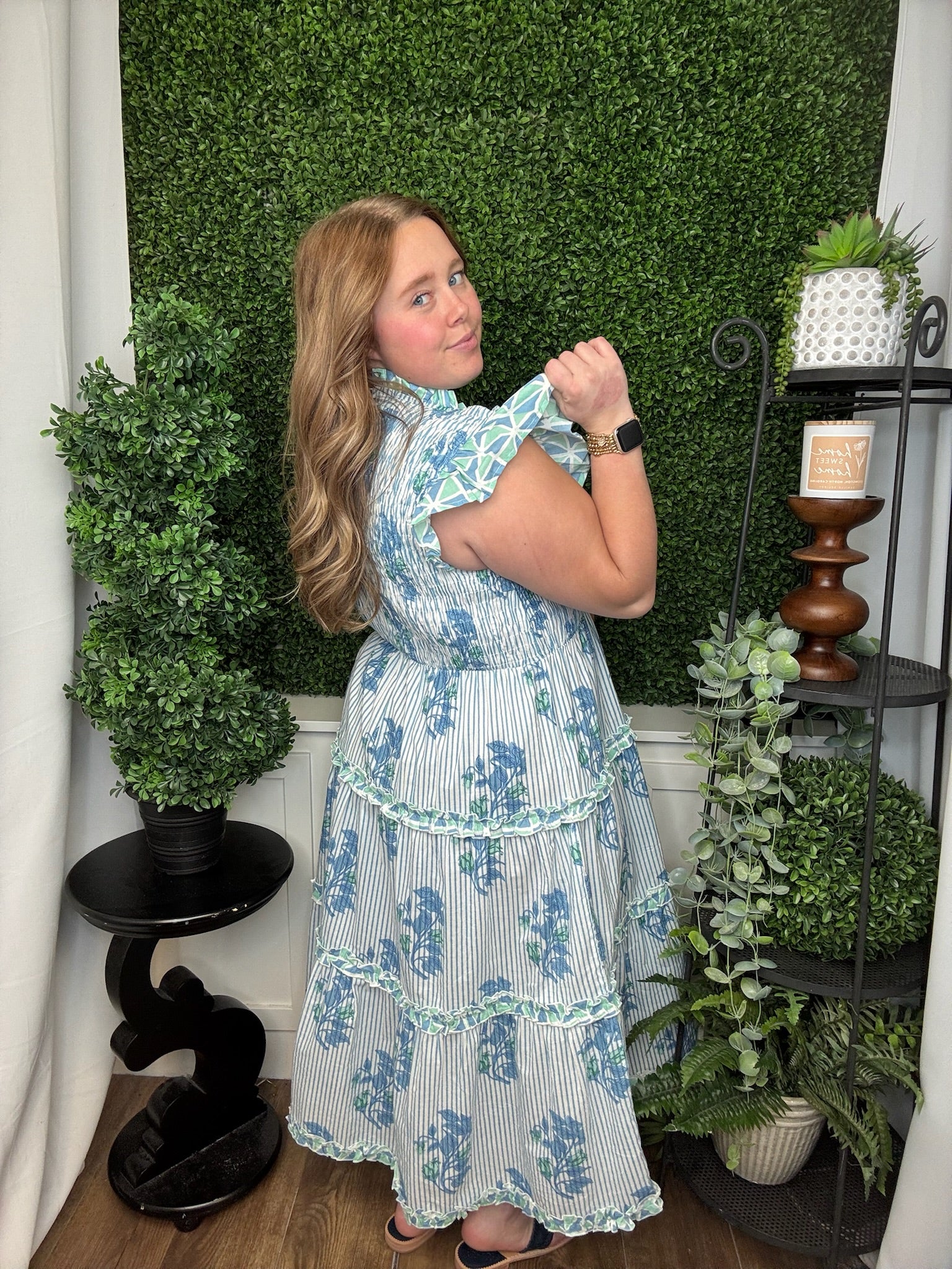 PERIN SMOCKED MIDI DRESS - BLUE