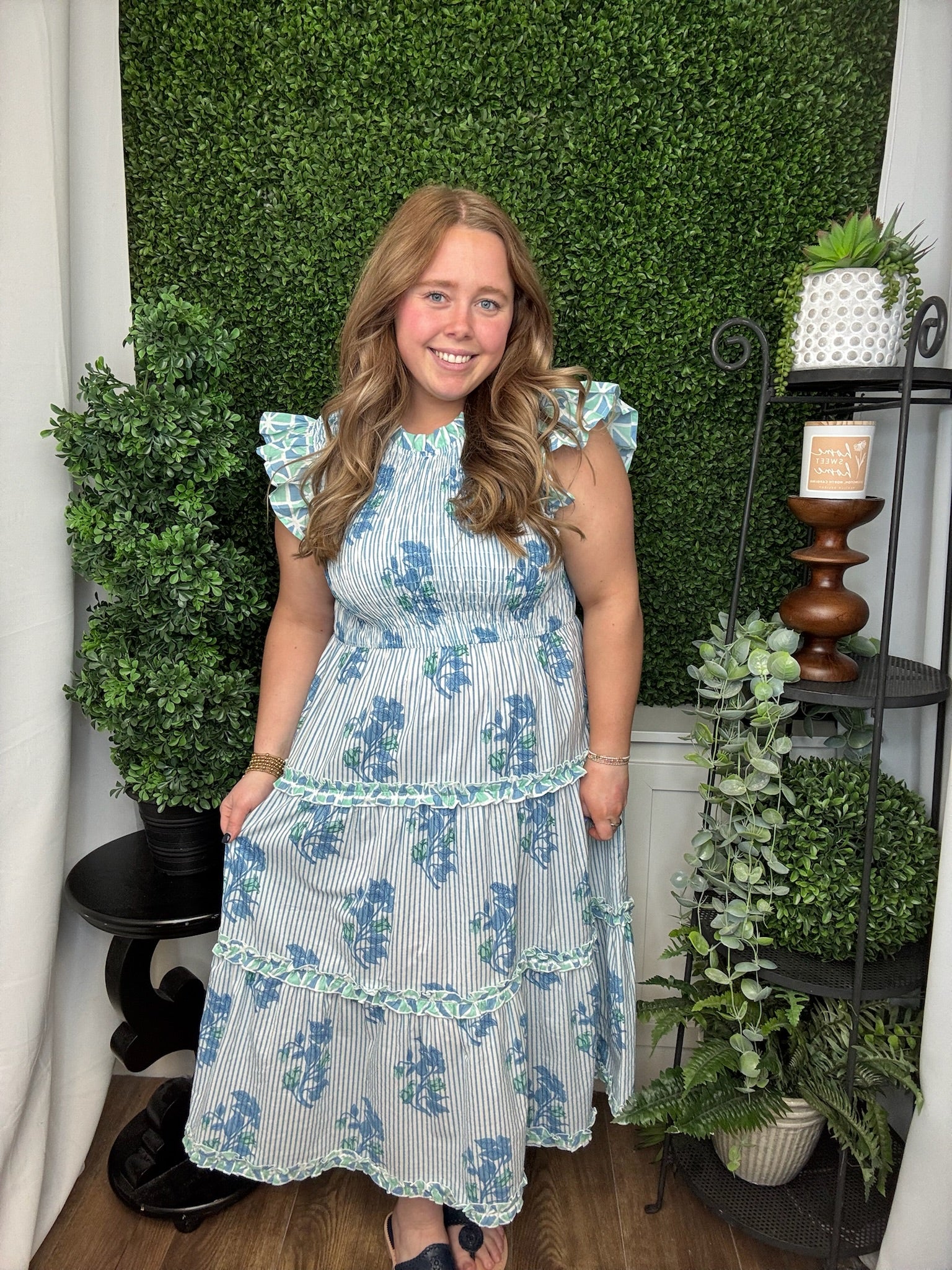 PERIN SMOCKED MIDI DRESS - BLUE