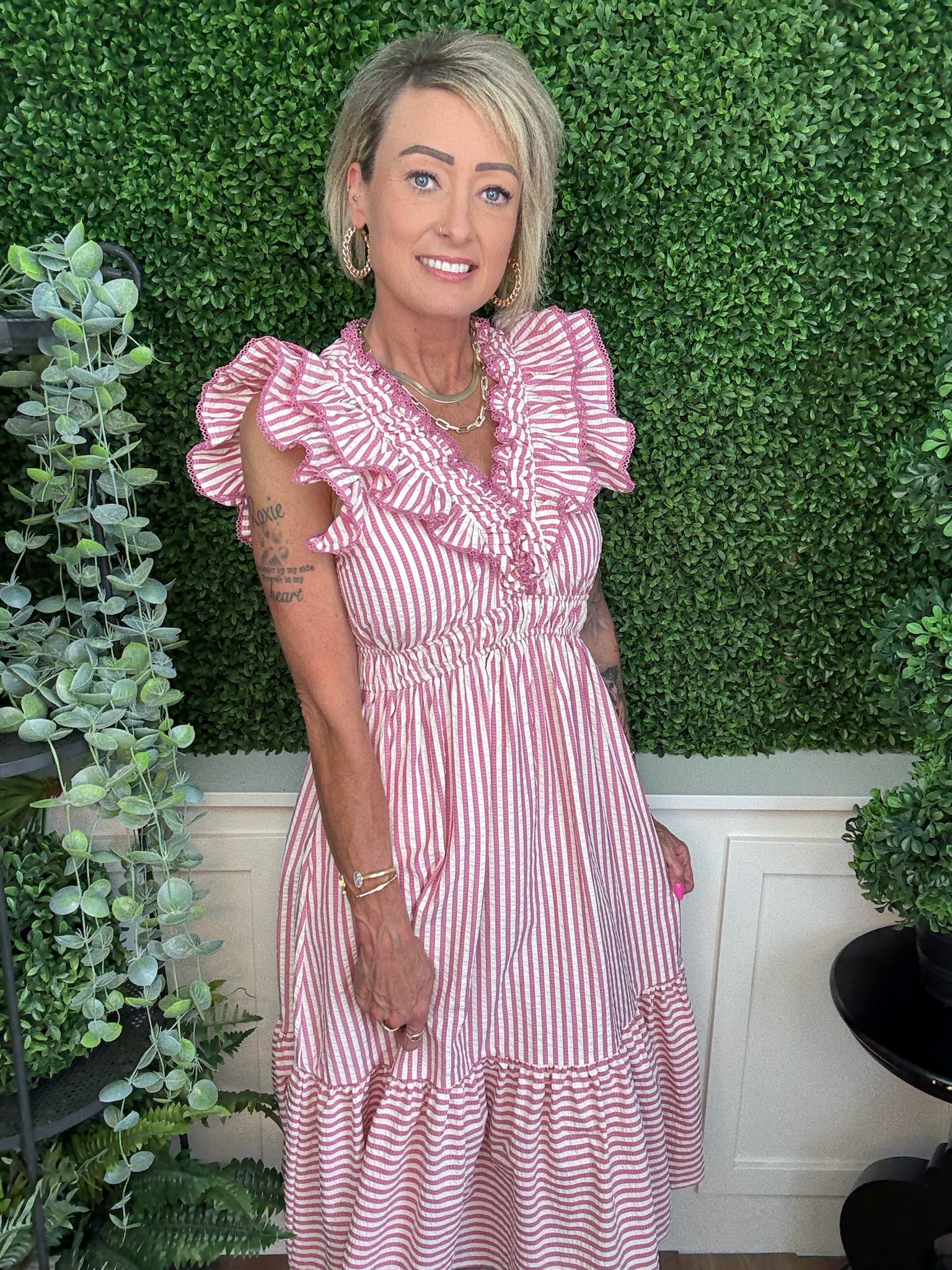 RUFFLE TRIMMED STRIPED MIDI DRESS