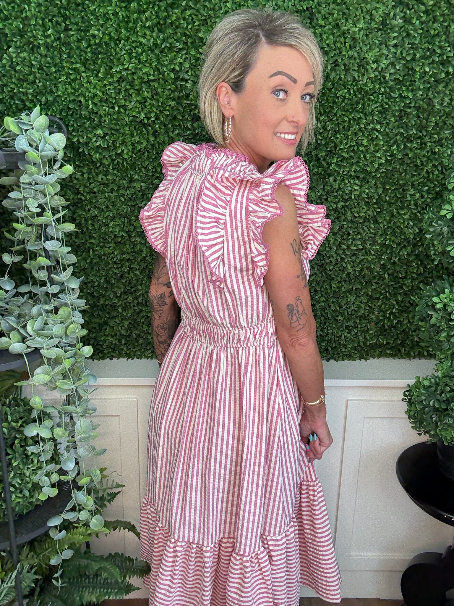 RUFFLE TRIMMED STRIPED MIDI DRESS