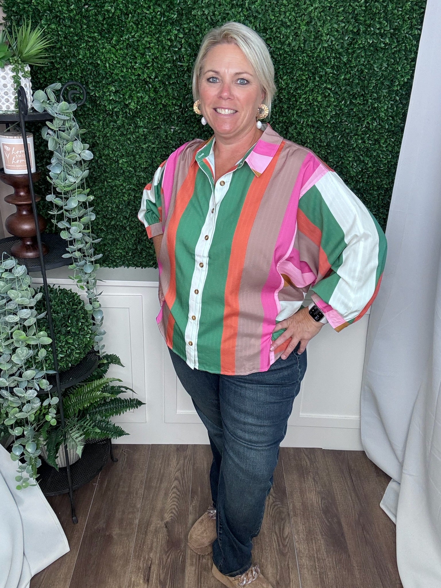 MULTI COLOR STRIPE BUTTON UP COLLARED TOP